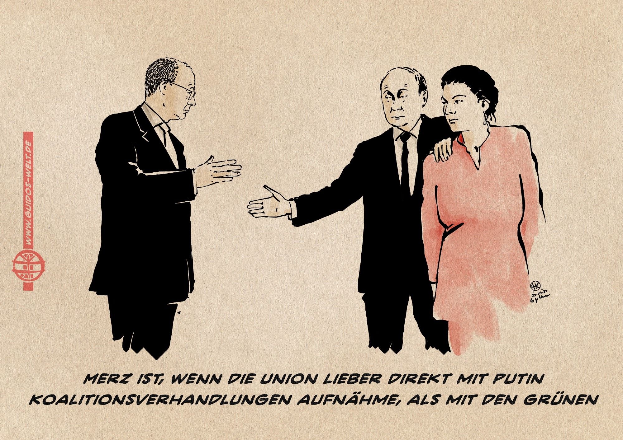 Illustration von Merz, Putin und Wagenknecht. Merz holt zum Handschlag mit Putin aus, der mit fester Hand auf ihrer Schulter hinter Wagenknecht steht. 
Textzeile: Merz ist, wenn die Union lieber direkt mit Putin Koalitionsverhandlungen aufnähme, als mit den Grünen