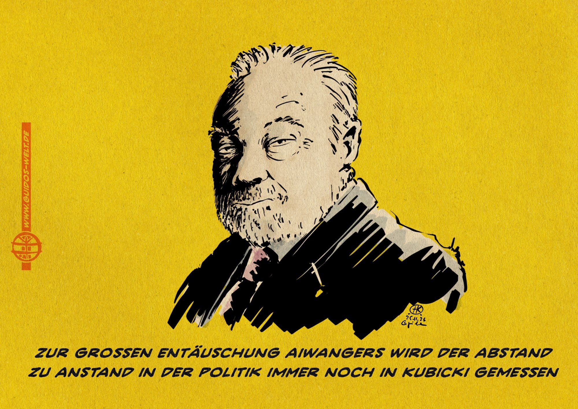 Illustration Eine Zeichnung von Kubicki. Textzeile: Zur großen Entäuschung Aiwangers wird der Abstand  zu Anstand in der Politik immer noch in Kubicki gemessen