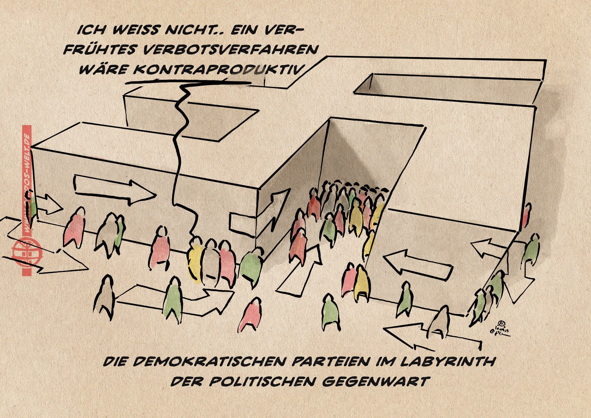 Illustration einer Architektur in Form eines Hakenkreuzes in dessen Gängen sich kleine Figurenninnrot, scharz, gelb und Grün breiten Hinweisofeilen folgend auf das Zentrum zubewegen. Eine sagt: Ich weiß nicht.. ein verfrühtes Verbotsverfahren wäre kontraproduktiv. Textzeile: Die demokratischen Parteien im Labyrinth der politischen Gegenwart