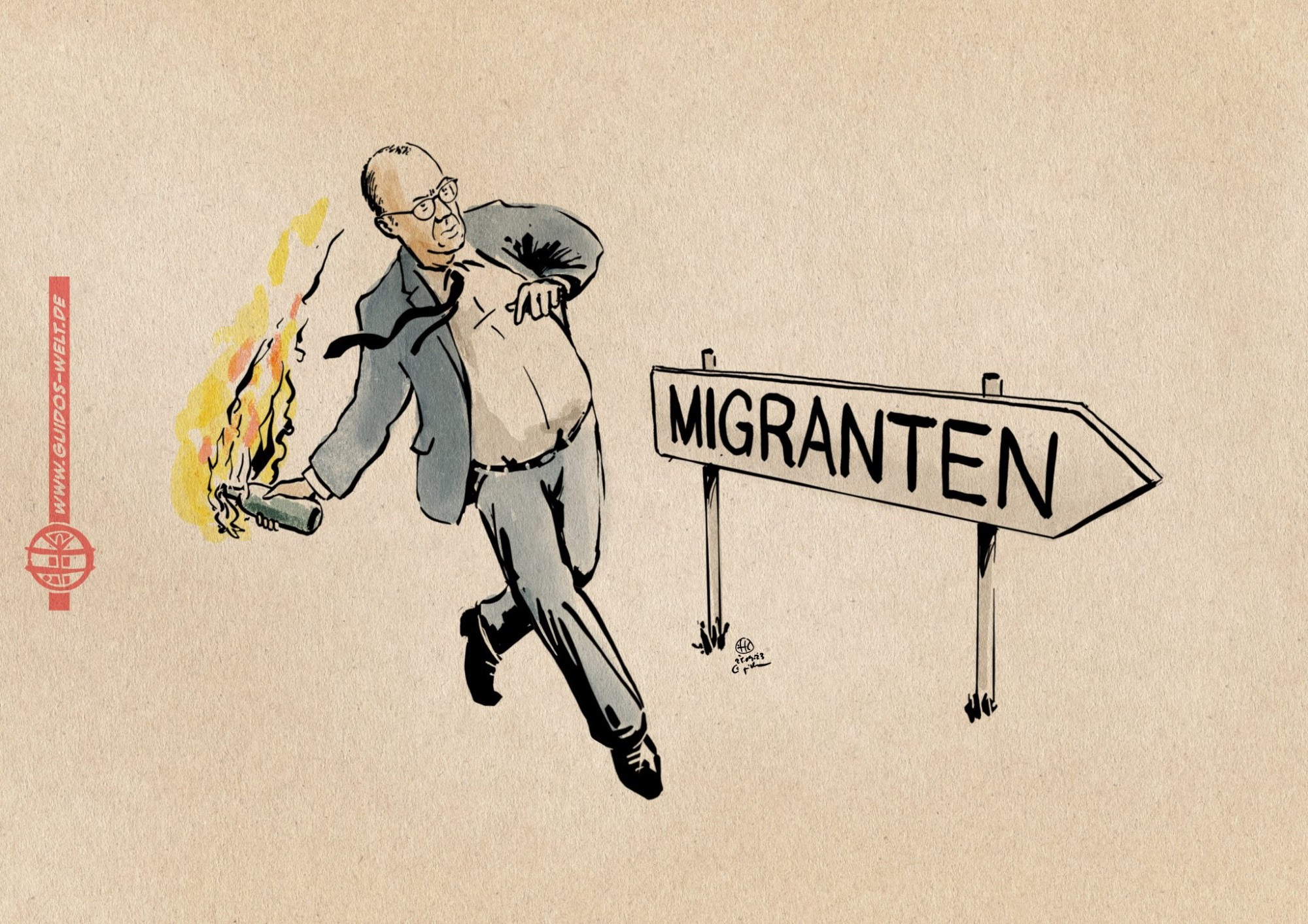 Illustration eines Merz, der Anlauf nimmt einen Brandsatz in Richtung eines ausgeschilderten Orten von Migranten zu werfen.