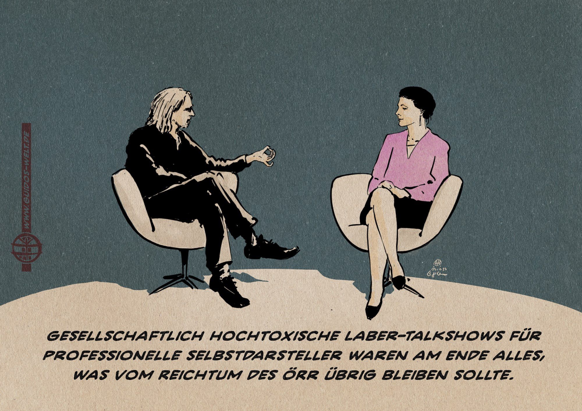 Illustration einer fiktiven Talkshowsituation, in welcher Precht und Wagenknecht sich auf Clubsesseln gegenüber sitzen. 
Textzeile: Gesellschaftlich hochtoxische Laber-Talkshows für professionelle Selbstdarsteller waren am Ende alles, was vom Reichtum des ÖRR übrig bleiben sollte.