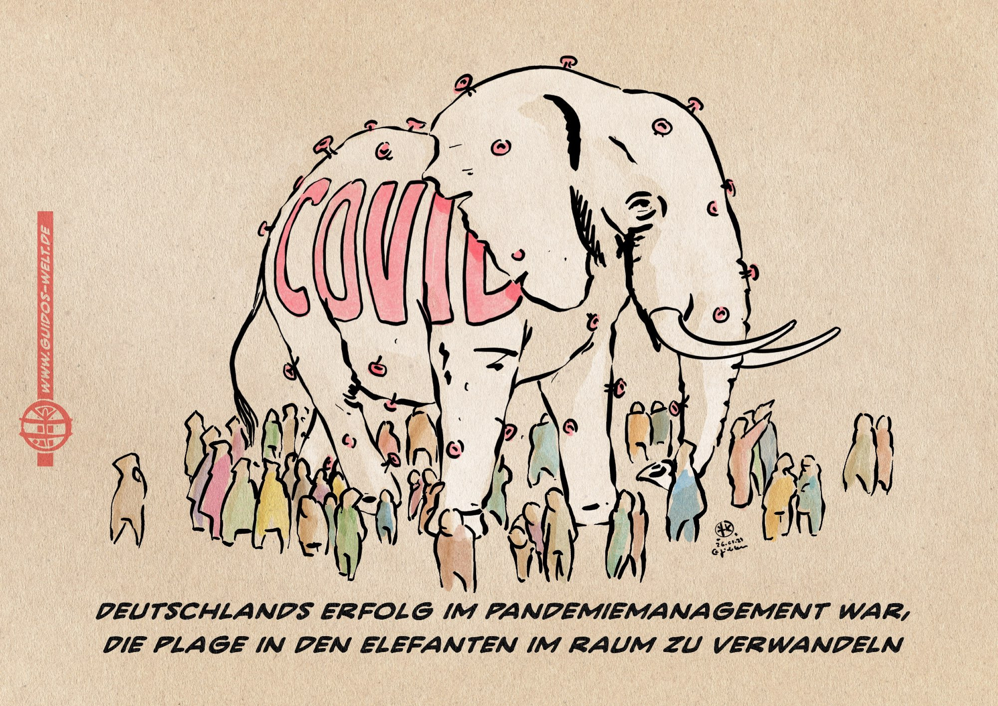 Illustration eines weißen, mit COVID beschrifteten Elefanten inmitten von Menschen. Textzeile: Deutschlands Erfolg im Pandemiemanagement war, die Plage in den Elefanten im Raum zu verwandeln