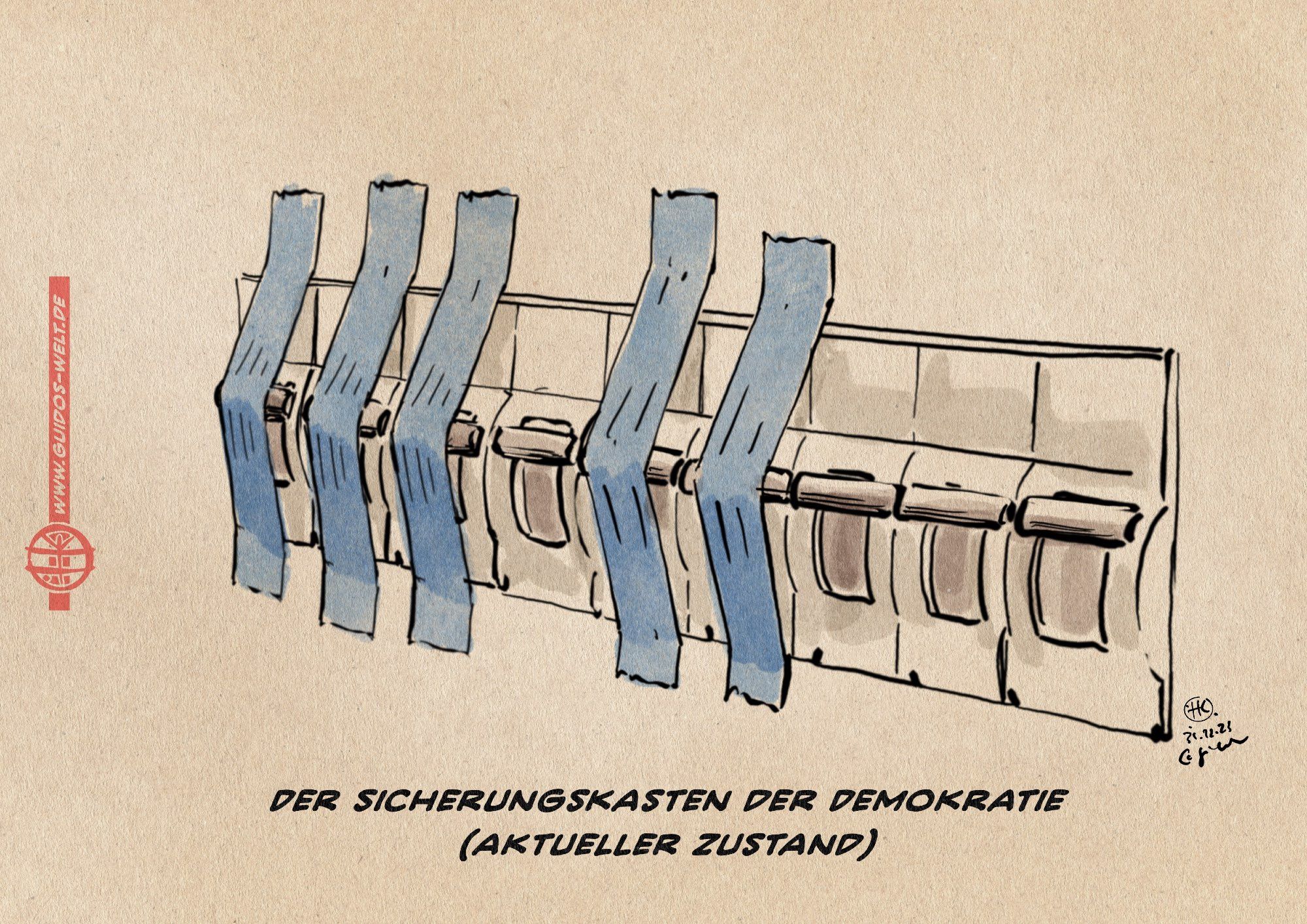 Illustration: Sicherungsaustomaten im Sicherungskasten. Die Automaten sind gegen das Auslösen mit blauem Klebeband ihrer Sicherungsfunktion beraubt.
Textzeile: Der Sicherungskasten der Demokratie (Aktueller Zustand)