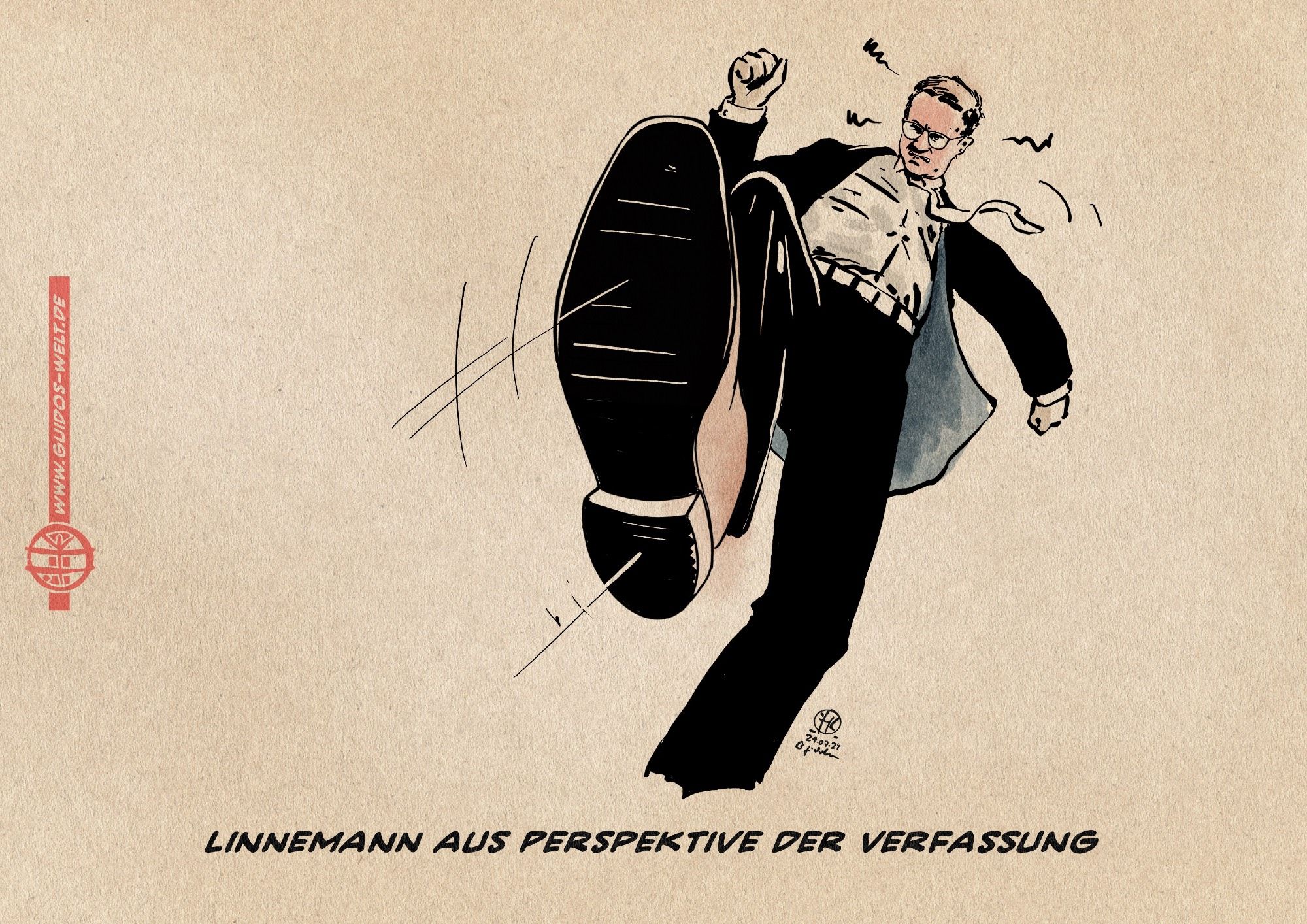 Illustration. Aus der Froschperspektive sieht man wie Carsten Linnemann, Generalsekretär der CDU, wiederholt wütend zutritt. Textzeile: Linnemann aus Perspektive der Verfassung