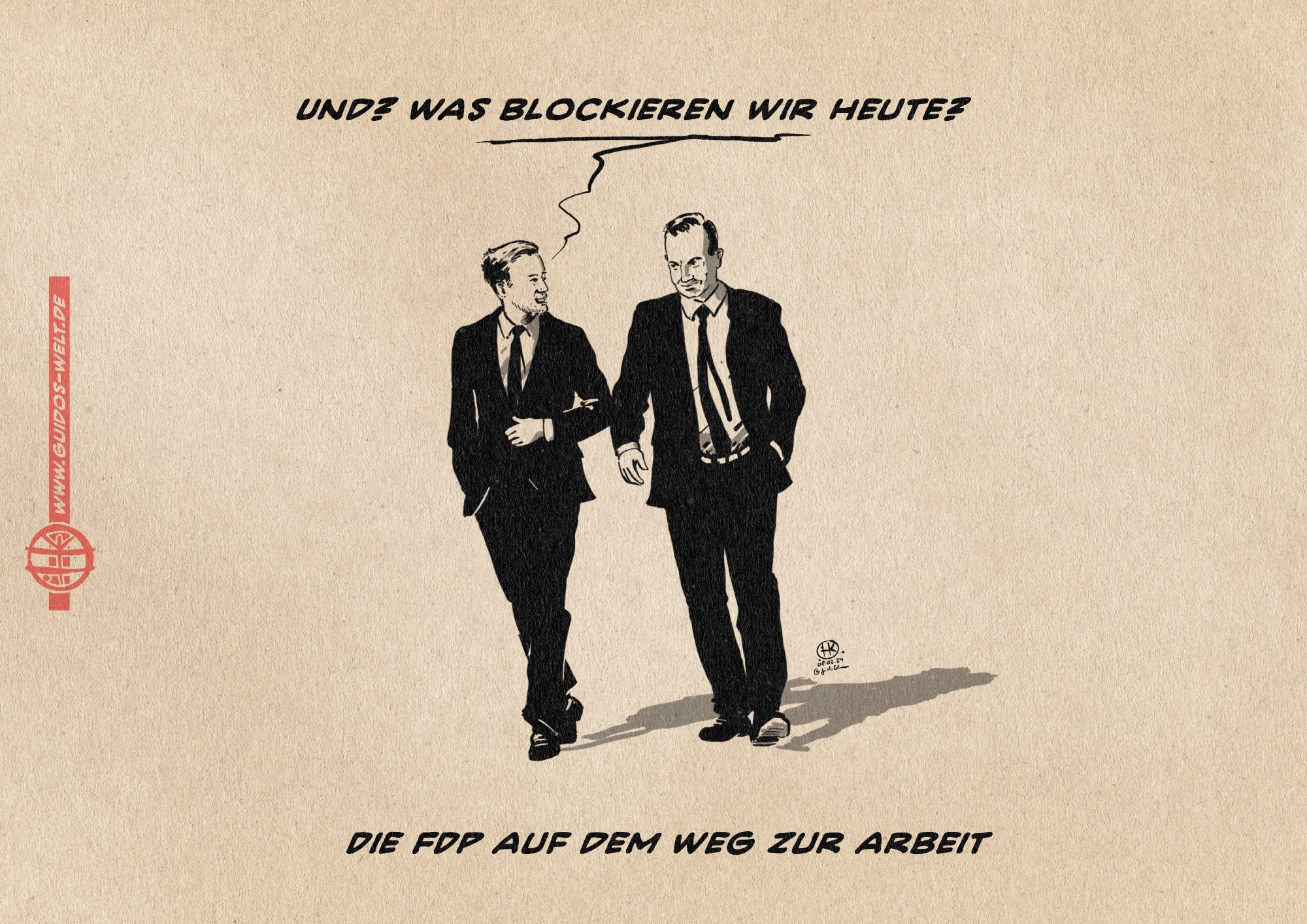 Illustration: Wissing und Lindner laufen sich unterhaltend. Lindner fragt Wissing: Und? Was blockieren wir heute? 
Textzeile: Die FDP auf dem Weg zur Arbeit