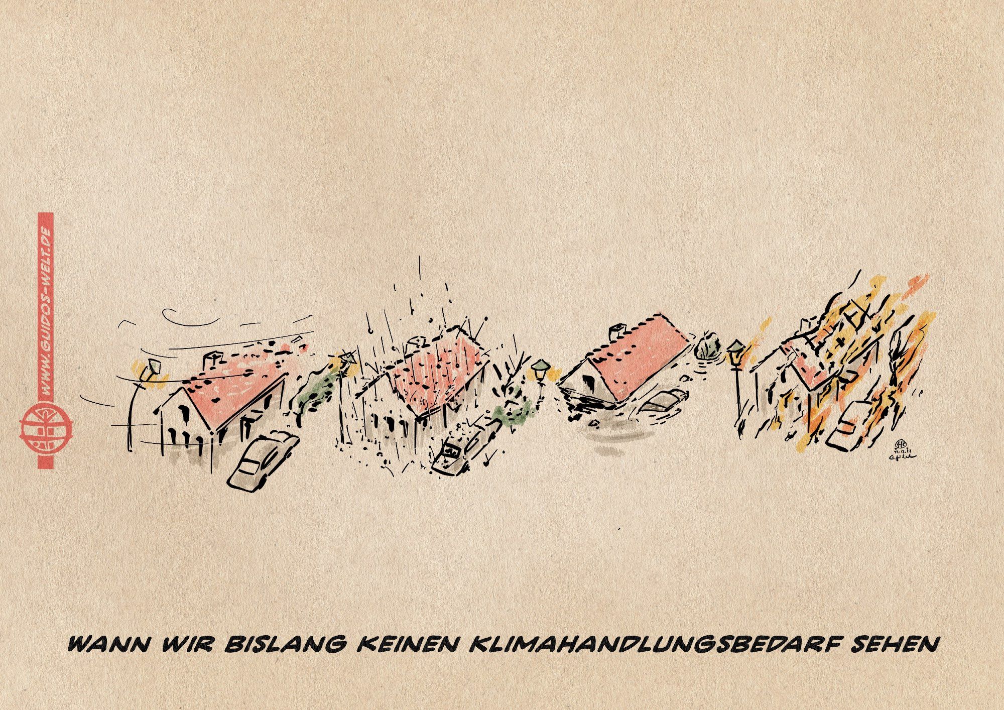 Illustration: Viermal die selbe Situation: ein Haus mit einem Baum und einem Auto. Mal stürmt es, mal hagelt es, mal ist alles abgesoffen, mal brennt es. Textzeile: Wann wir bislang keinen Klimahandlungsbedarf sehen