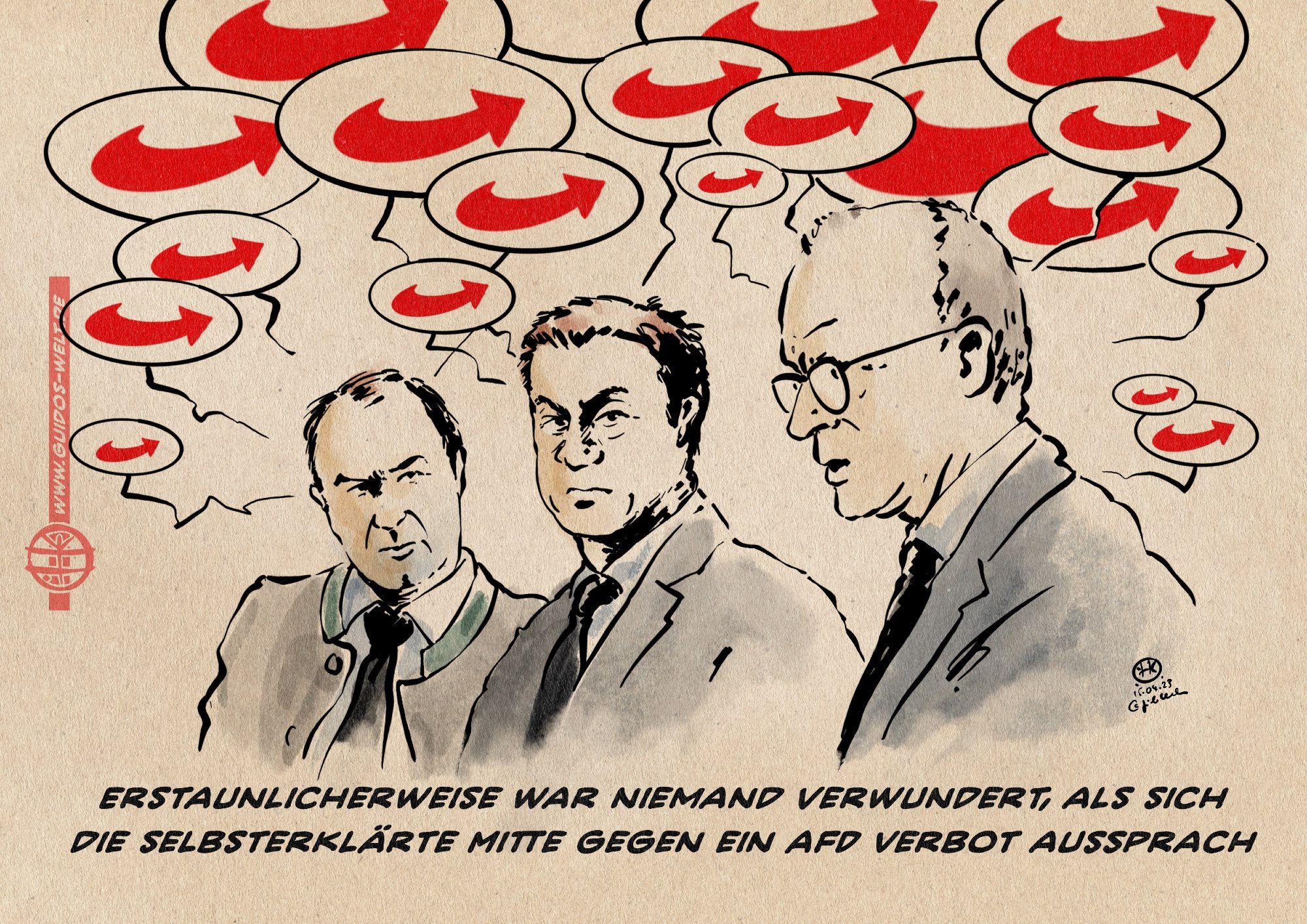 Illustration: Aiwanger, Söder und Merz mit vielen Sprechblasen, die alle mit dem AFD Logo gefüllt sind. Textzeile: Erstaunlicherweise war niemand verwundert, als sich die selbsterklärte Mitte gegen ein AFD Verbot aussprach.