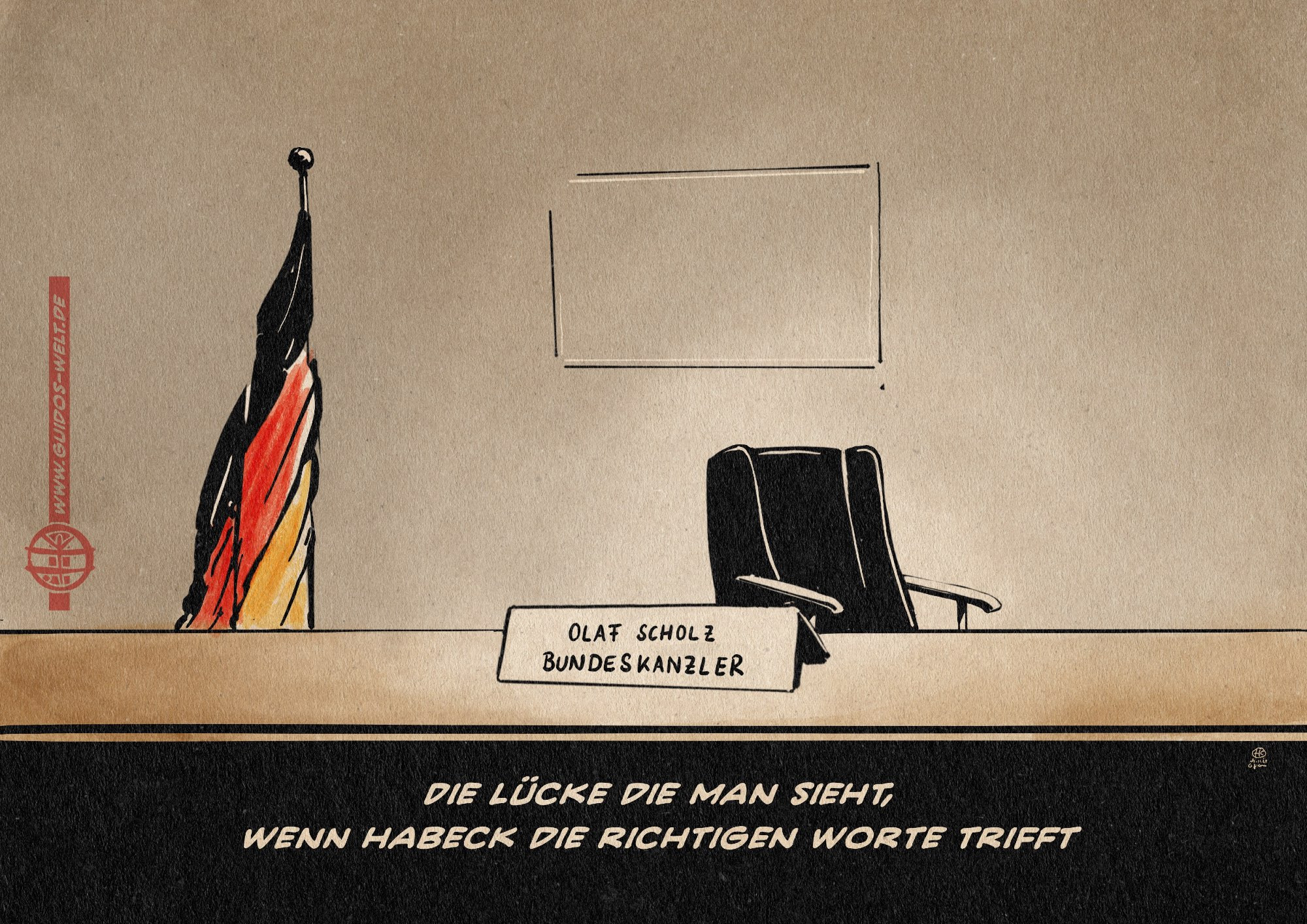 Illustration. Bundeskanzker Scholzs leerer Schreibtisch. 
Textzeile: Die Lücke die man sieht, wenn Habeck die richtigen Worte trifft.