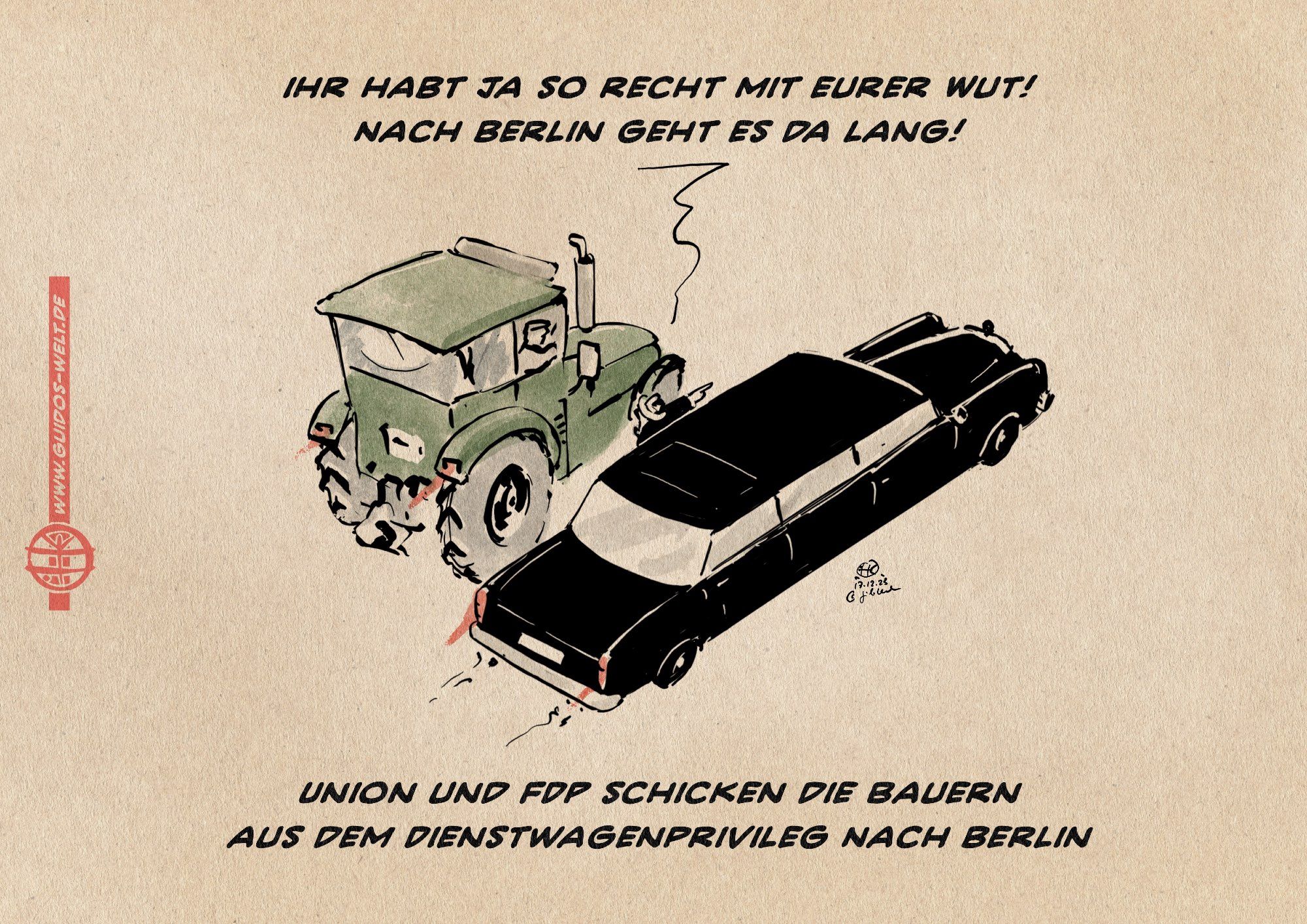 Illustration: Ein Mann mit Hut lehnt sich aus aus einer langen schwarzen Limousine und zeigt mit dem Finger in Fahrtrichtung einem Traktorfahrer den Weg weisend. 
Er sagt: ihr habt ja so recht recht mit eurer Wut!
Nach Berlin geht es da lang!
Textzeile: Union und FDP schicken die Bauern 
aus dem Dienstwagenprivileg nach Berlin