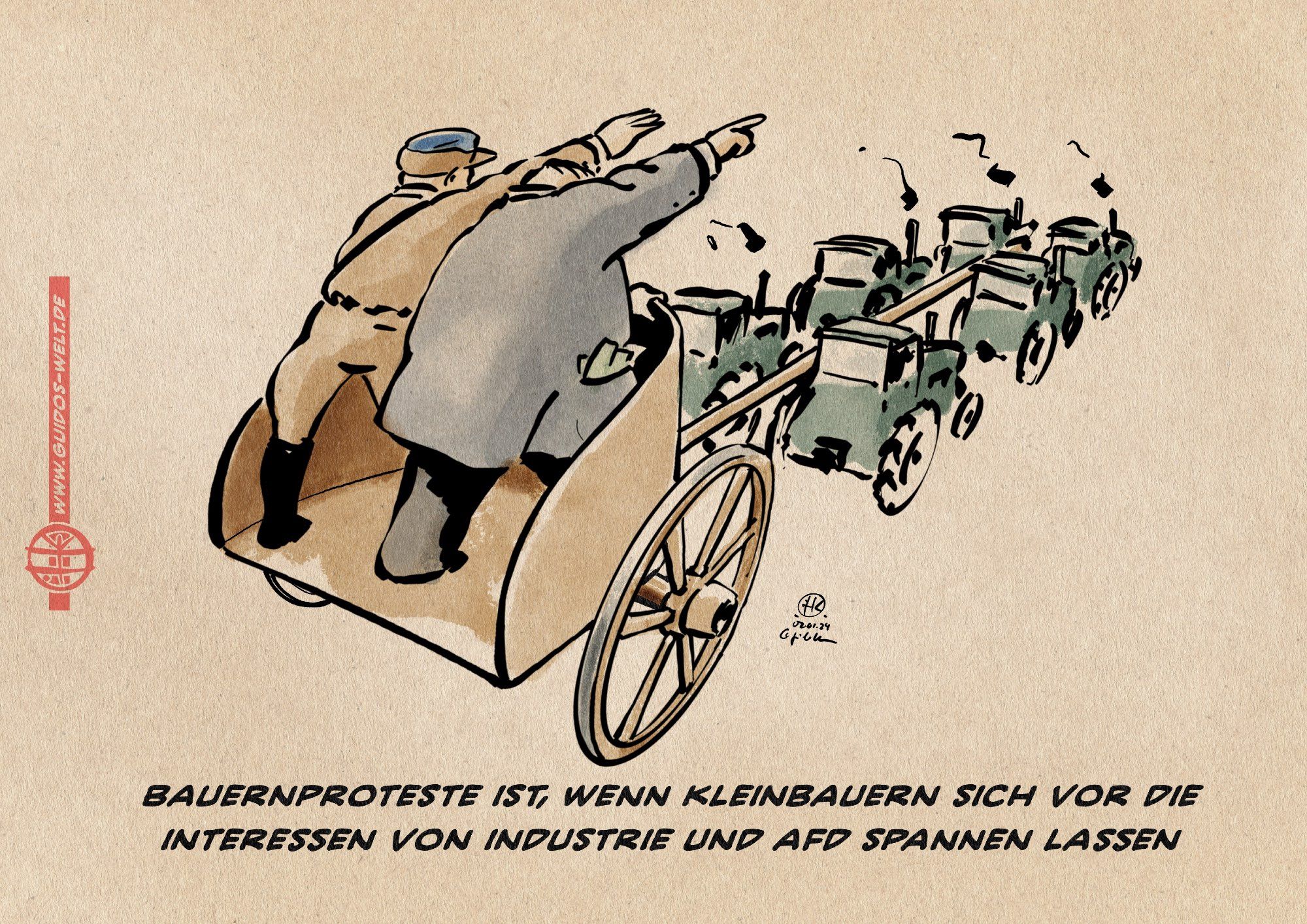 Illustration. Ein römischer Streitwagen wird von Traktoren gezogen. auf dem Streitwagen stehen ein Nazi in Uniform mit deutschem Gruß und ein Bonze dem Geld aus den Taschen quillt den Weg weisend. Textzeile: Bauernproteste ist, wenn Kleinbauern sich vor die Interessen von Industrie und AfD spannen lassen.