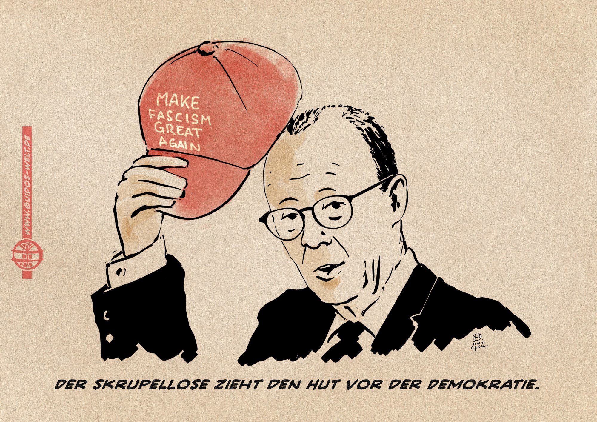 Illustration: Merz zieht als Trump-Remiszenz eine rote mit Make Fascism great again Baseballkappe Textzeile: Der Skrupellose zieht den Hut vor der Demokratie.