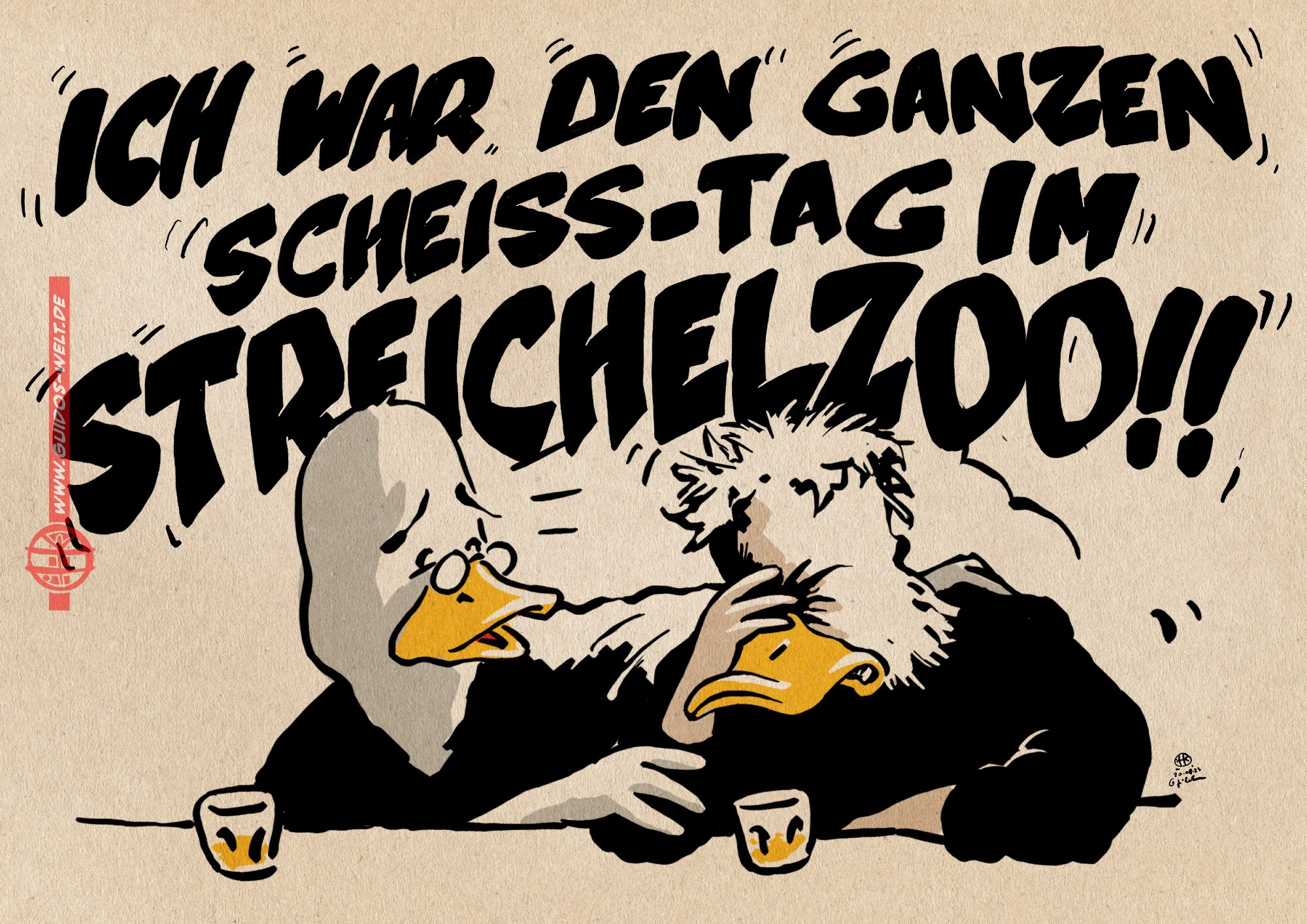 Cartoon, eine Gans legt am Tresen in einer Bar besorgt den Arm um eine zerstrubbelte Ente, die nervlich am Ende ist. Textzeile laut im Hintergrund: Ich war den ganzen Scheiss-Tag im Streichelzoo!!