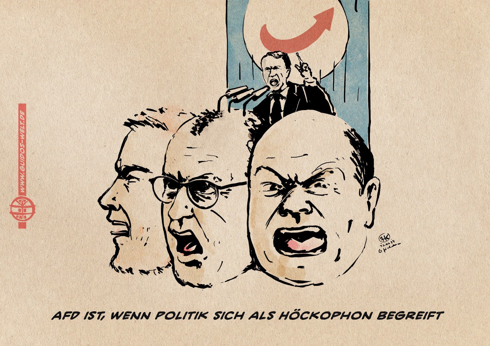 Illustration: Die riesenhaften Köpfe von Lindner, Merz und Scholz mit weit offenen Mündern als Rednerpult von Höcke, der klein hinter ihnen vor einer AFD Flagge steht und gestikuliert. textzeile: AfD ist, wenn Politik sich als Höckophon begreift