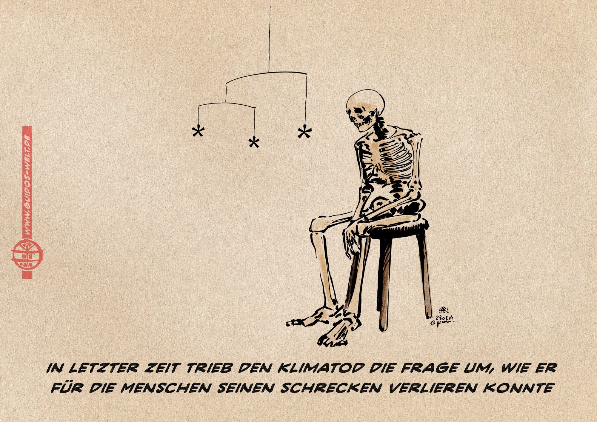 Illustration: Der Tod schaut auf einem Schemel sitzend bedrückt auf ein Mobile mit Gendersternchen

Textzeile: in letzter Zeit trieb den Klimatod die frage um, wie er
für die Menschen seinen Schrecken verlieren konnte