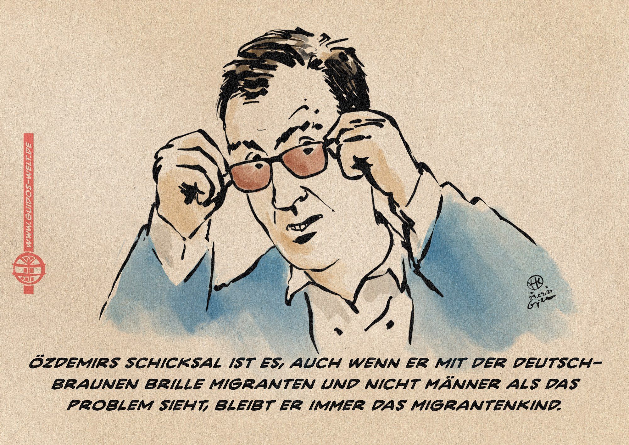 Illustration von Özdemir, der sich erstaunend eine braune Brille aufsetzt. Textzeile: Özdemirs Schicksal ist es, auch wenn er mit der deutsch-braunen Brille Migranten und nicht Männer als das Problem sieht, Bleibt er immer das Migrantenkind.