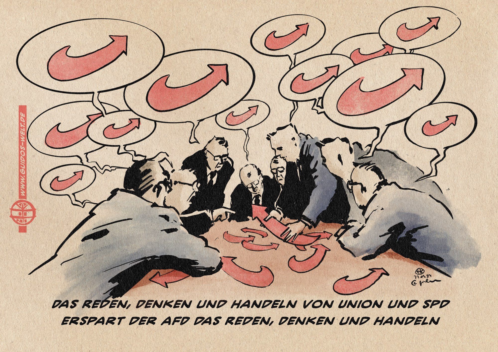 Illustration einer Konferenz in welcher Menschen in Anzügen sich in Sprechblasen und Artefakten in Händen und auf dem Tisch nur durch AFD Logos miteinander unterhalten und austauschen. 

Textzeile: Das Reden, Denen und Handeln von Union und SPD erspart derAfD das Reden, Denken und Handeln.