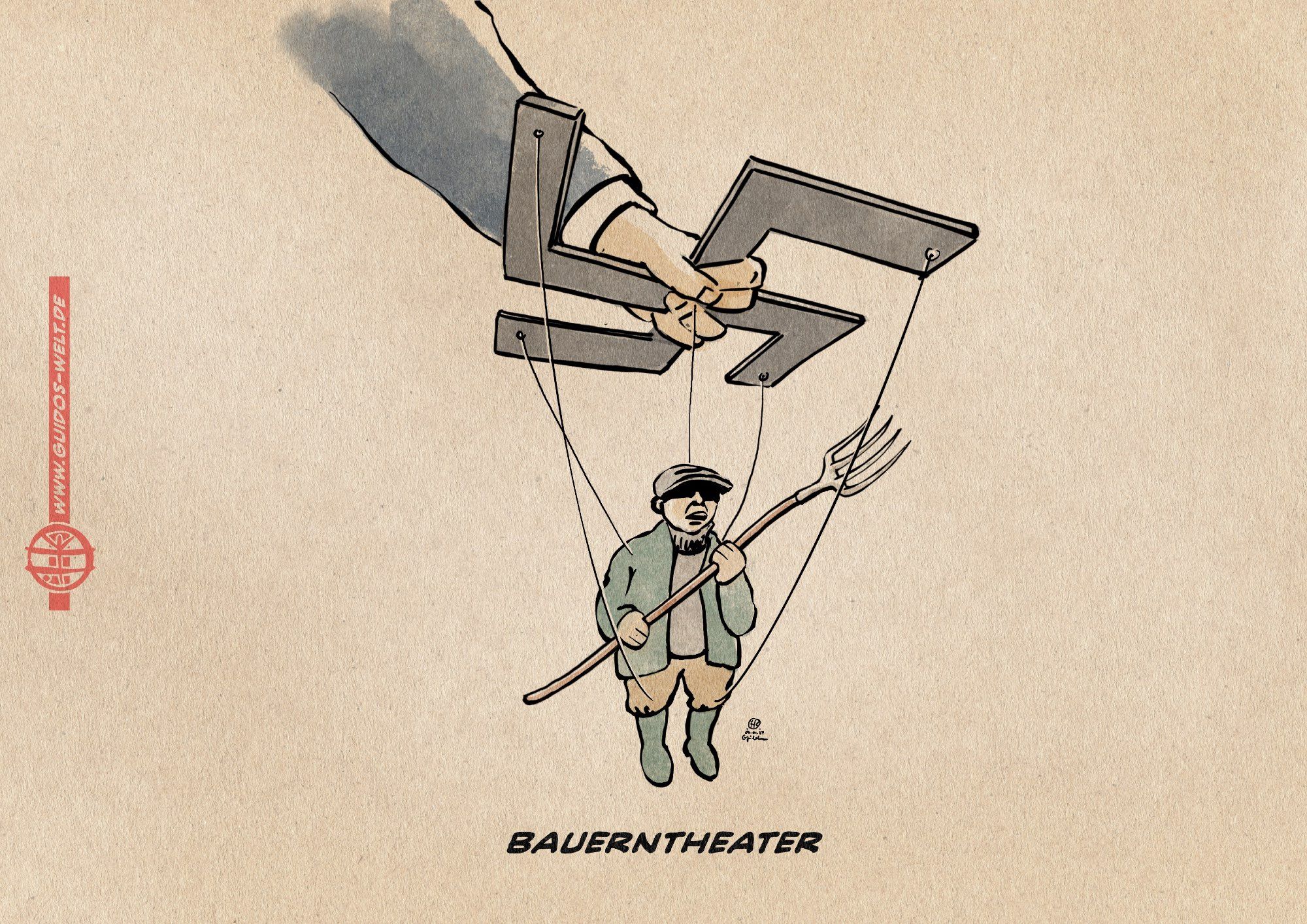 Illustratione: Eine Hand hält eine Bauern-Marionette an einem Marionettengalgen in Form eines Hakenkreuzes. Textzeile: Bauerntheater.