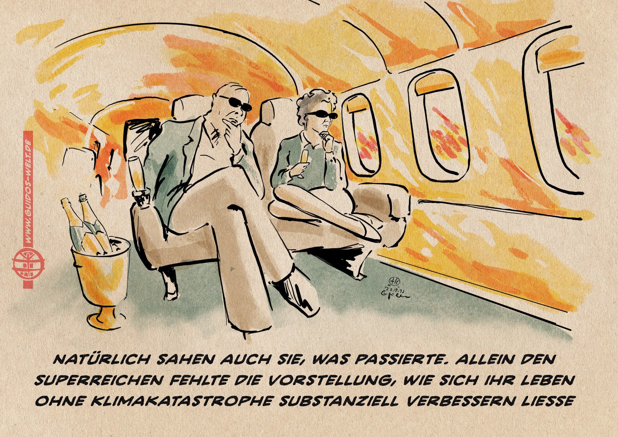 Illustration: Zwei reiche Menschen schauen im goldenen Privatjet bei Champagner nachdenklich aus dem Fenster. Draußen brennt es. Textzeile: Natürlich sahen auch sie, was passierte. allein den Superreichen fehlte die Vorstellung, wie sich ihr Leben ohne Klimakatastrophe substanziell verbessern ließe