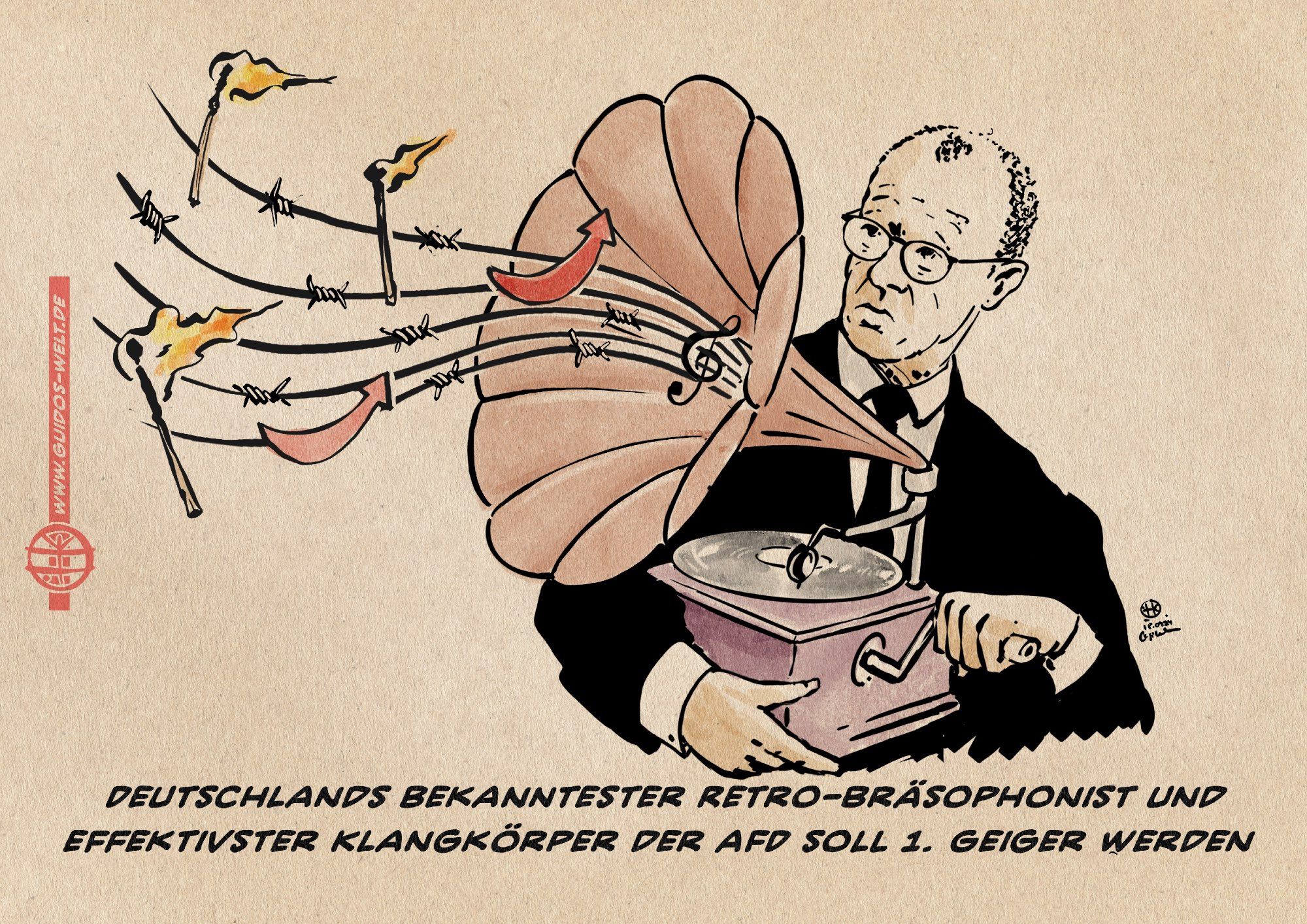 Illustration eines Friedrich Merz, der ein altertümliches Grammophon hält und an der Kurbel drehend eine Melodie aus Stacheldraht, brennenden Streichhölzern und AfD Logos aus dem Schalltrichter verbreitet. Textzeile: Deutschlands bekanntester Retro-Bräsophonist und effektivster Klangkörper der AfD soll 1. Geiger werden