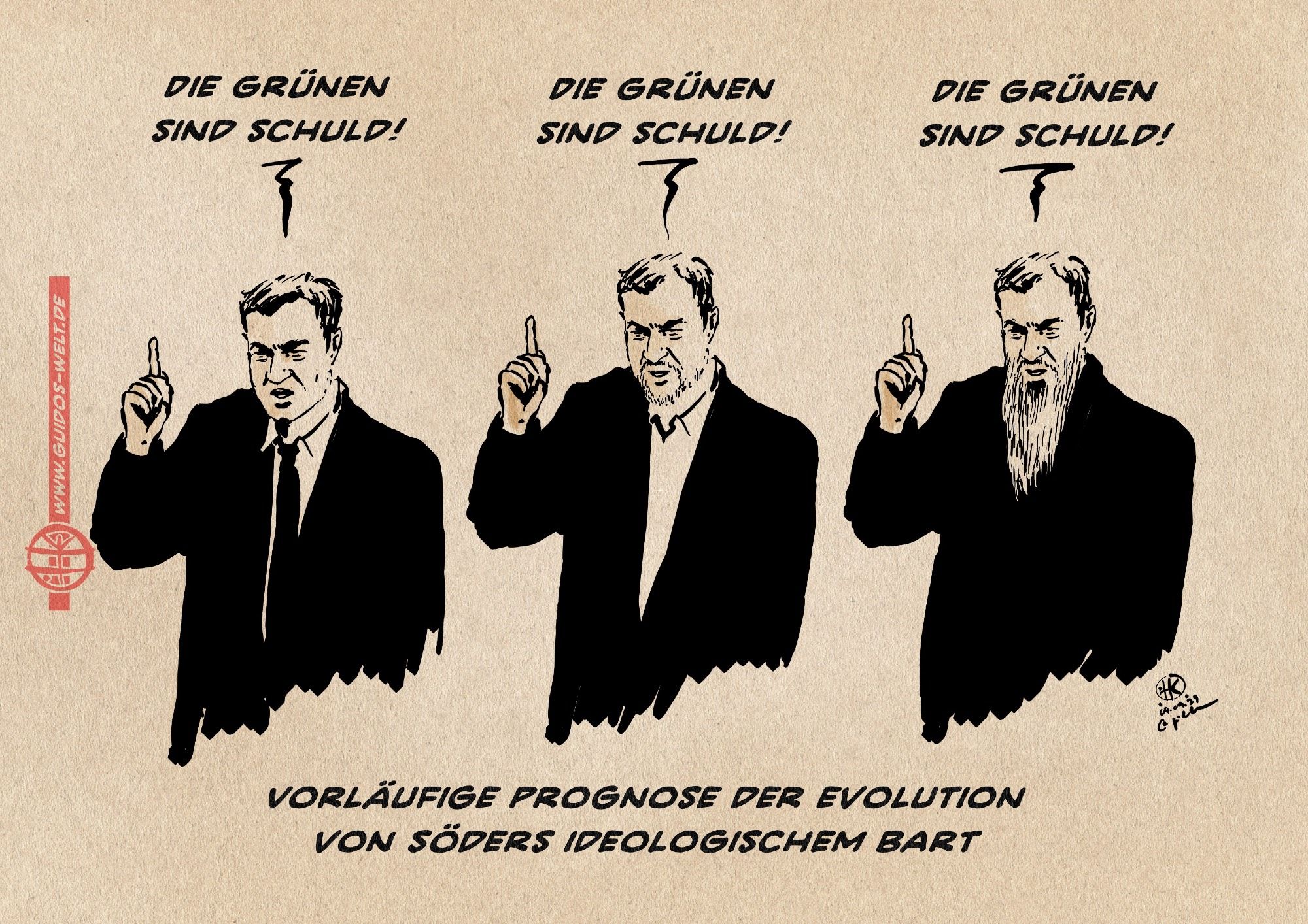 Illustration auf der dreimal Söder mit erhobenem Finger zu sehen ist: ohne Bart, mit George-Clooney-Imitationsbart, mit Hasspredigerbart. Er sagt jedes Mal „Die Grünen sind schuld!“ Textzeile: Vorläufige Prognose der Evolution von Söders ideologischem Bart.