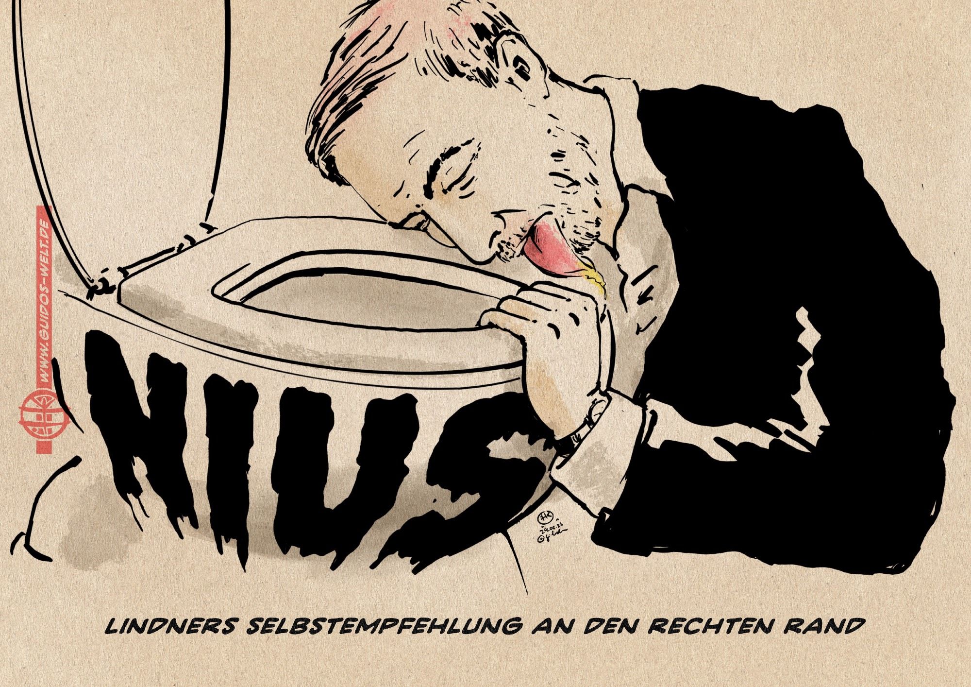 Illustration Lindner lutscht innig den Sitz einer mit NIUS beschrifteten Toilette ab. Textzeile: Lindners Selbstempfehlung an den rechten Rand