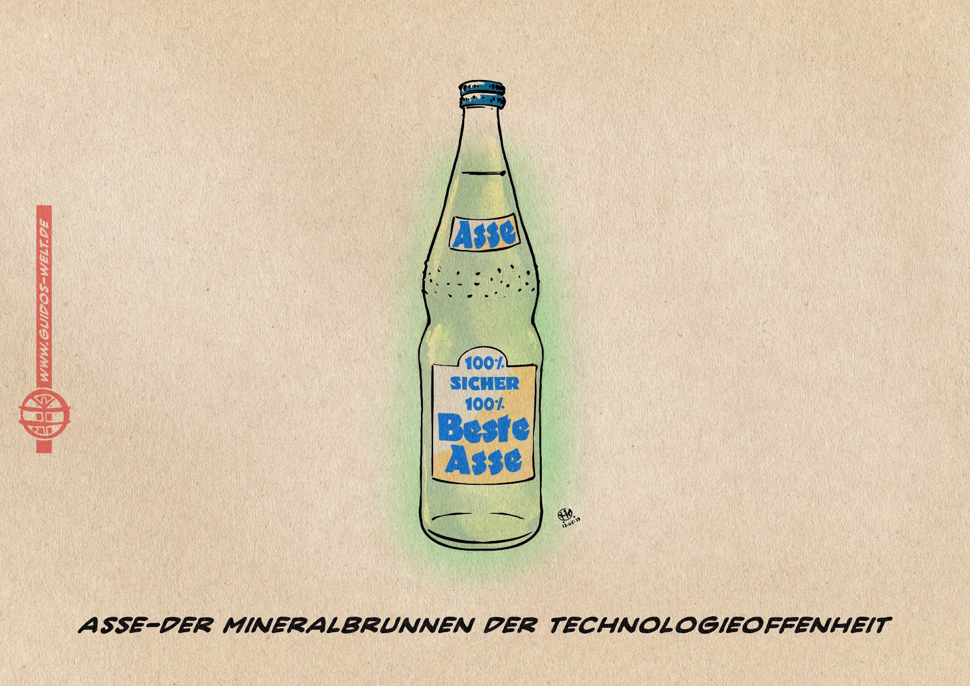 Illustration Eine grünlich leuchtend gefüllte Normbrunnen Mineralwasserflasche mit der Aufschrift 100% Sicher 100% Beste Asse. Textzeile: Asse - der Mineralbrunnen der Technologieoffenheit