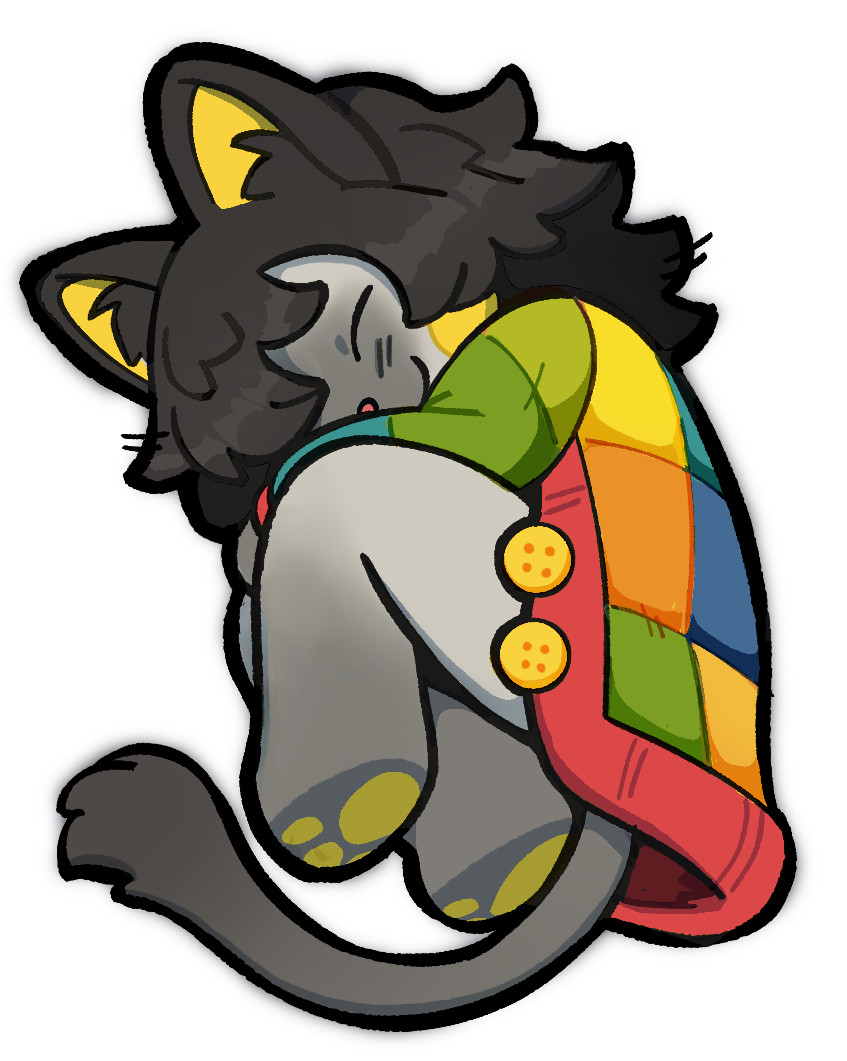My fursona Snew, an anthropomorphic siamese cat, curled up in a ball, sleeping. She is wearing a coat with multicoloured patches.
