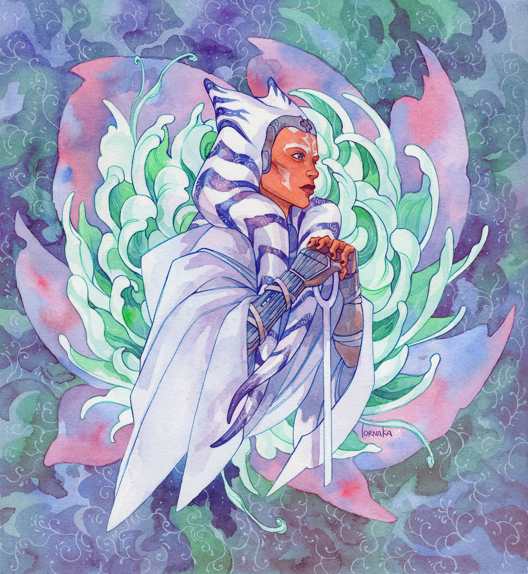 Watercolor painting of Ahsoka Tano in her Gandalf the White get-up, waist-up, leaning on her staff and looking romantically into the distance with a peaceful, almost smiling expression. Behind her is a chrysanthemum-like flower in a soft green color.