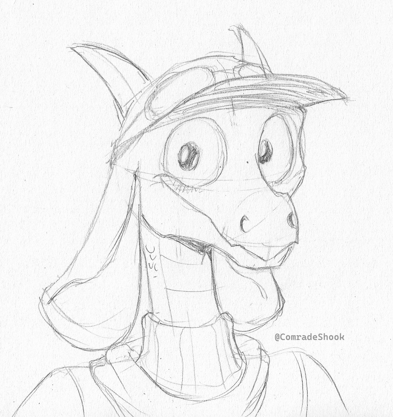 A pencil sketch of a draconic-looking anthro who is smiling cutely at the viewer. He has horns and particularly big and long ears, and is wearing a cap-goggle combo along with a turtleneck and scarf.