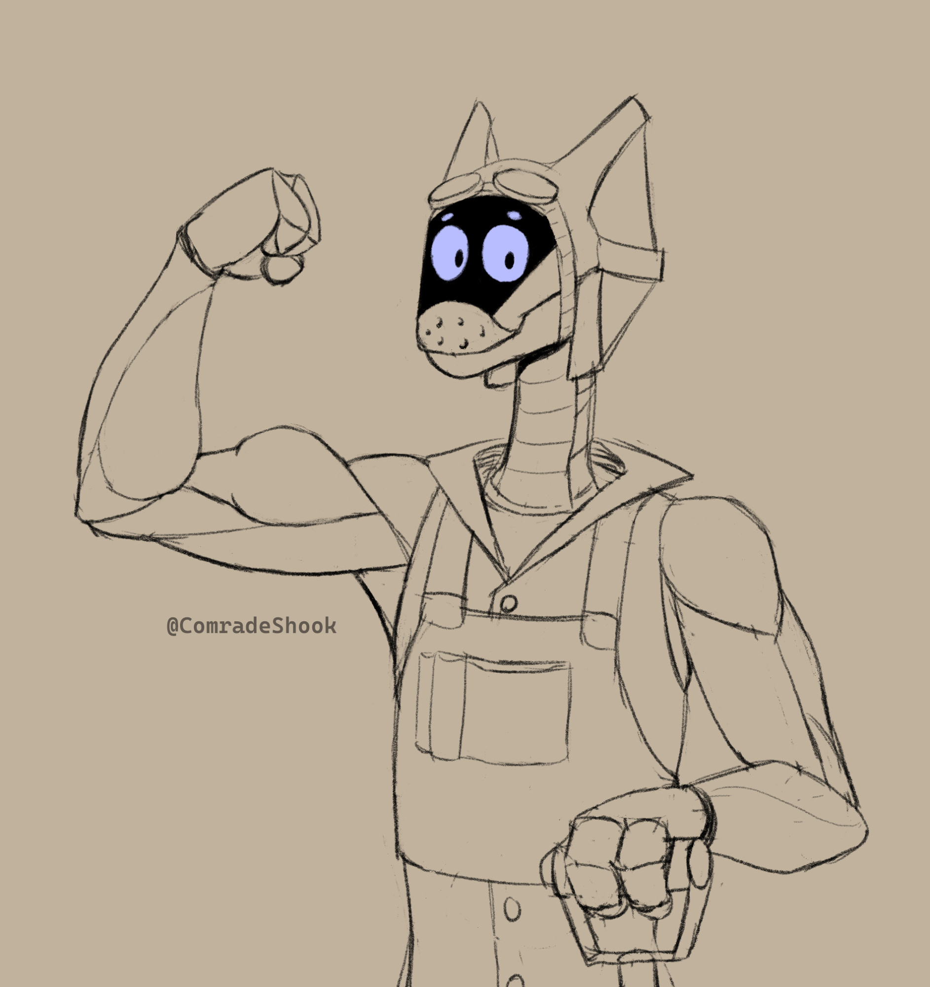 A digital sketch of a smiling synth. One hand is rested on the handle of a shovel, and another is brought up in a nice bicep flex for the viewer to enjoy.