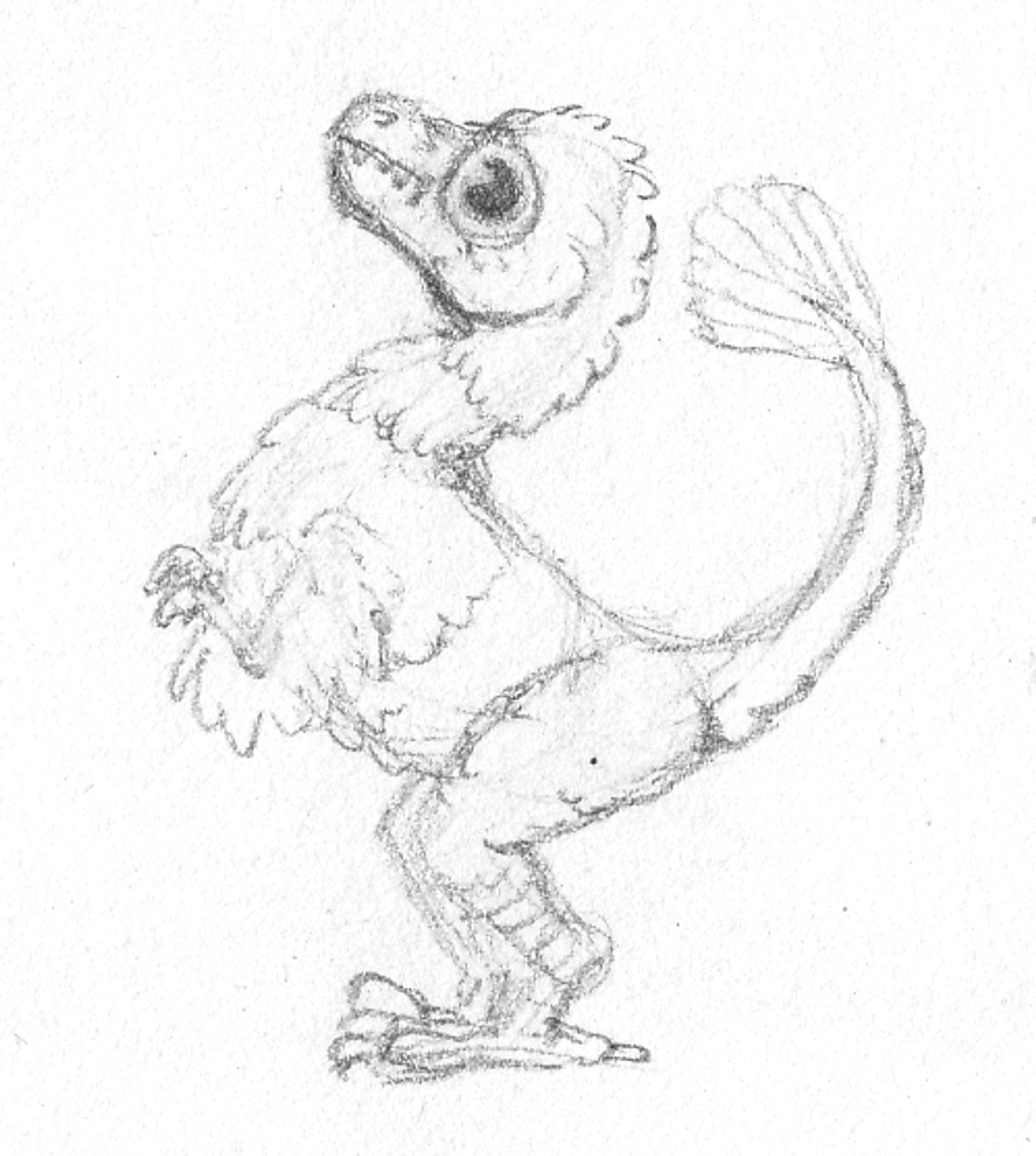 A pencil sketch of a fluffy dinosaur in a silly chicken-like pose.