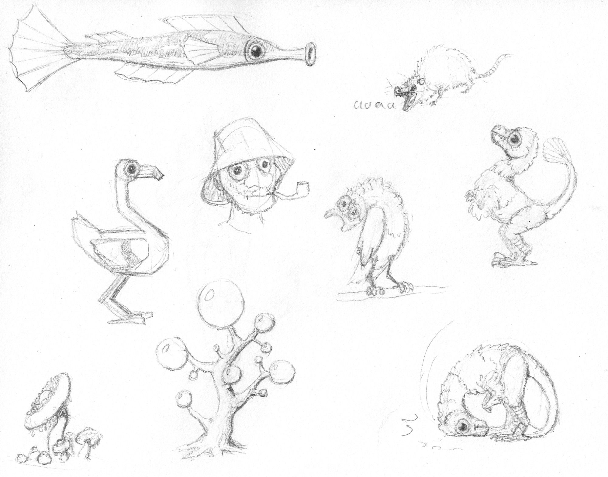 A whole page of pencil sketches, featuring a fish, an angular bird, a fisherman, a screaming opossum, an owl tilting its head WAY to the side, the two dinosaur sketches from before, a weird tree with balloon branches and an attempt at an alien mushroom.