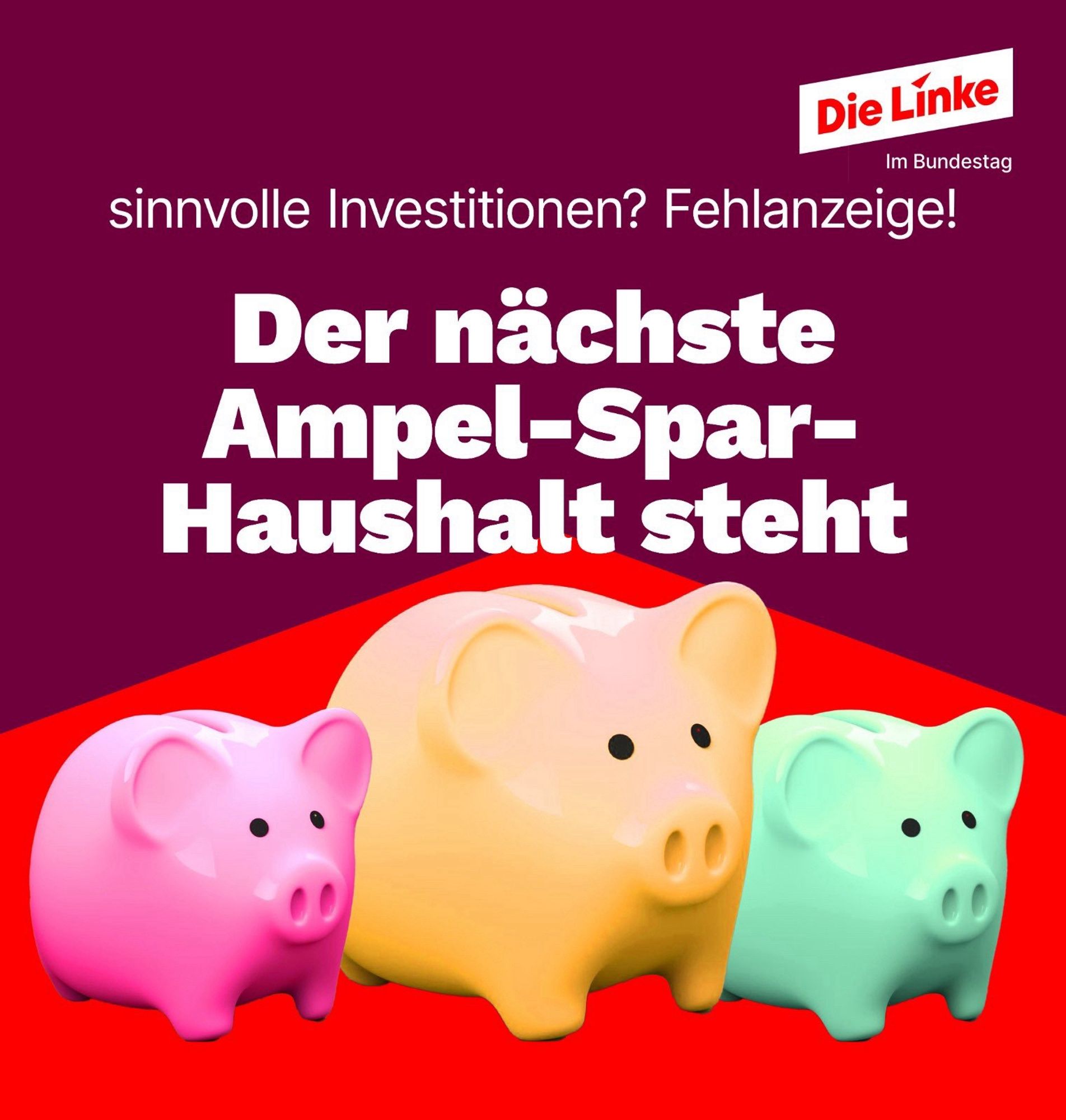 Drei Sparschweine in rosa, gelb und grün: der nächste Ampel-Spar-Haushalt steht.