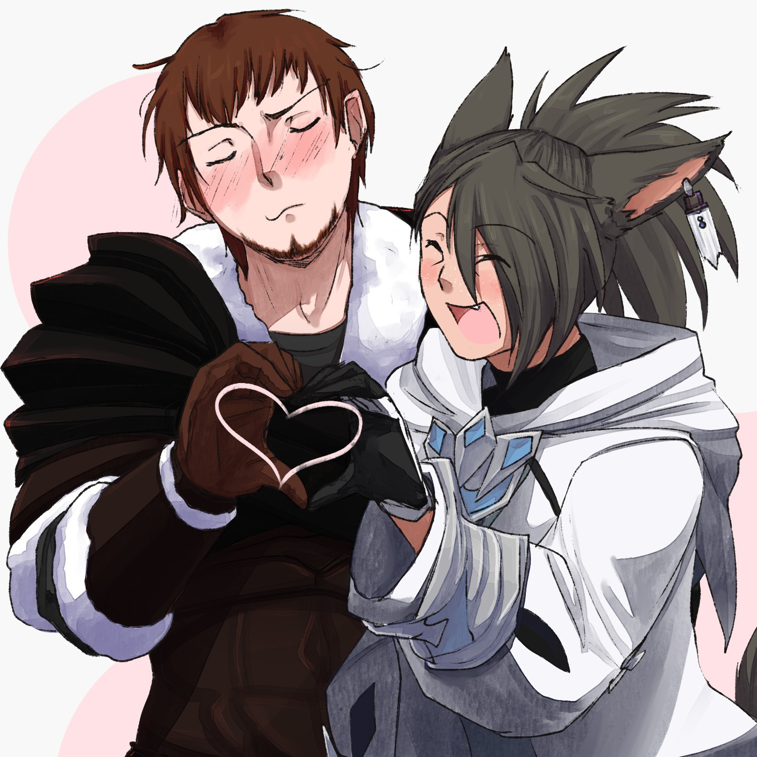 artwork of ardbert hylfyst (FFXIV) and my WOL Quill by @papaya on VGen, making a heart with their hands.