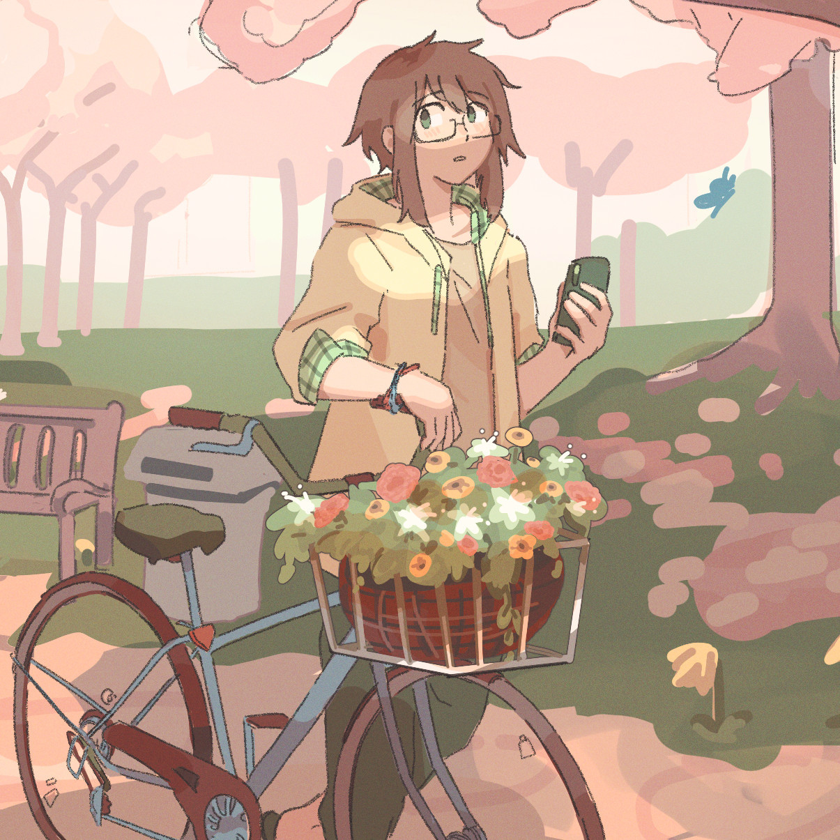 a drawing of olive from Twofold, walking their bike in springtime.