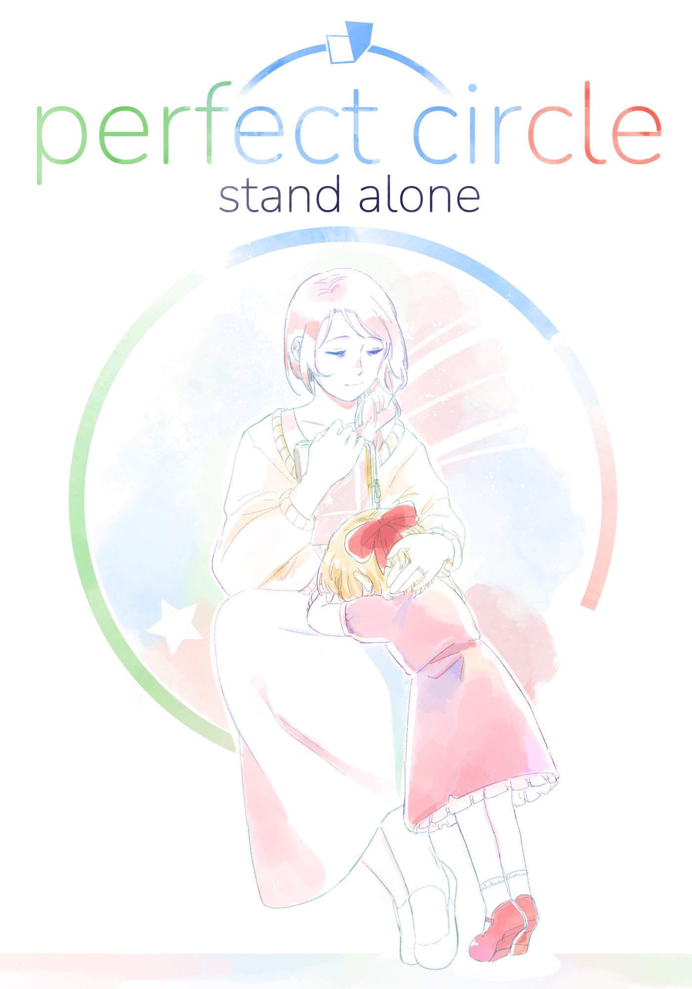 key visual for Perfect Circle: Stand Alone. Adelaide comforts a young Millie who is hiding her face in her mom's lap. behind them, a shooting star cuts across a watercolor circle.