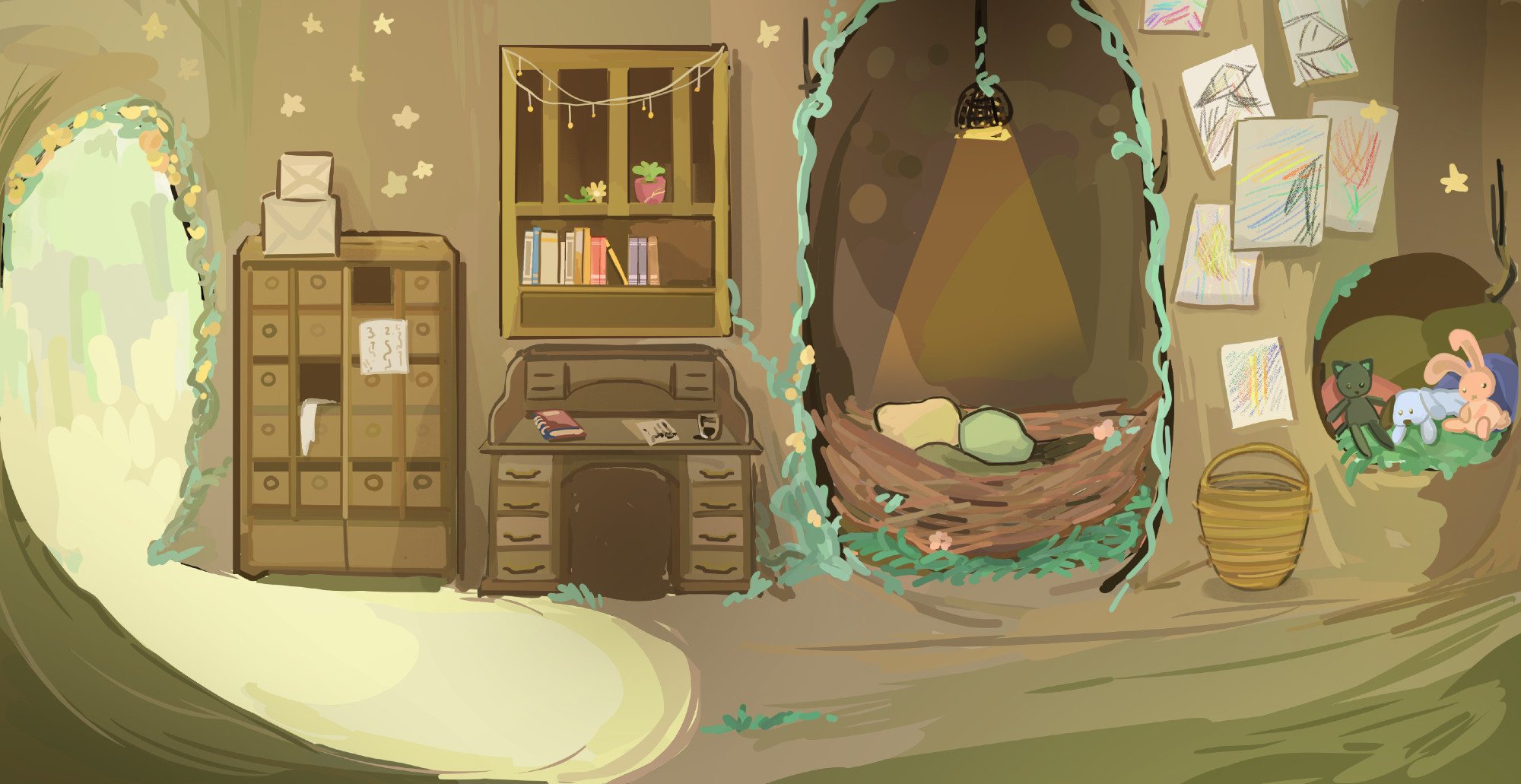 a drawing from Upwards, Rain! featuring the titular character's room. the walls are covered in artwork. there are star stickers everywhere. three stuffed animals are placed in a hole in the wall. in place of a bed, there is a bird's nest with pillows underneath a warm light.