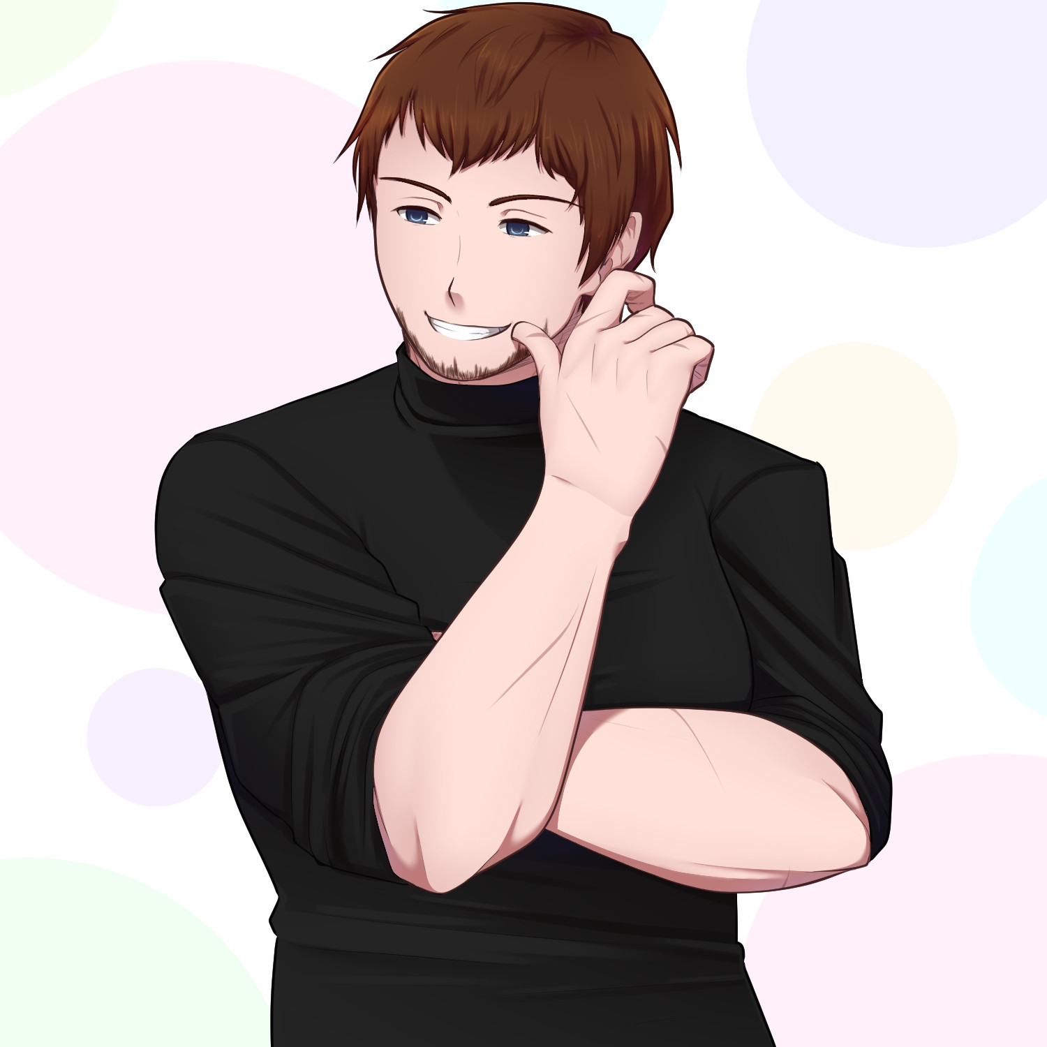 artwork of ardbert hylfyst (FFXIV) by @papaya on VGen, wearing a black turtleneck with a cute smile.