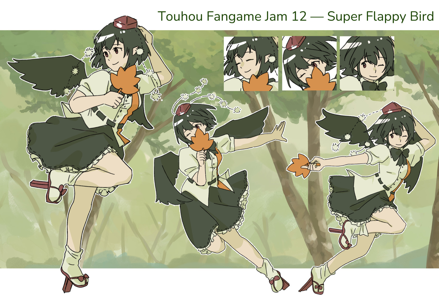 a set of drawings of Aya Shameimaru from Touhou Project. the drawings are assets for a game called Super Flappy Bird, part of the Touhou Fangame Jam 12.