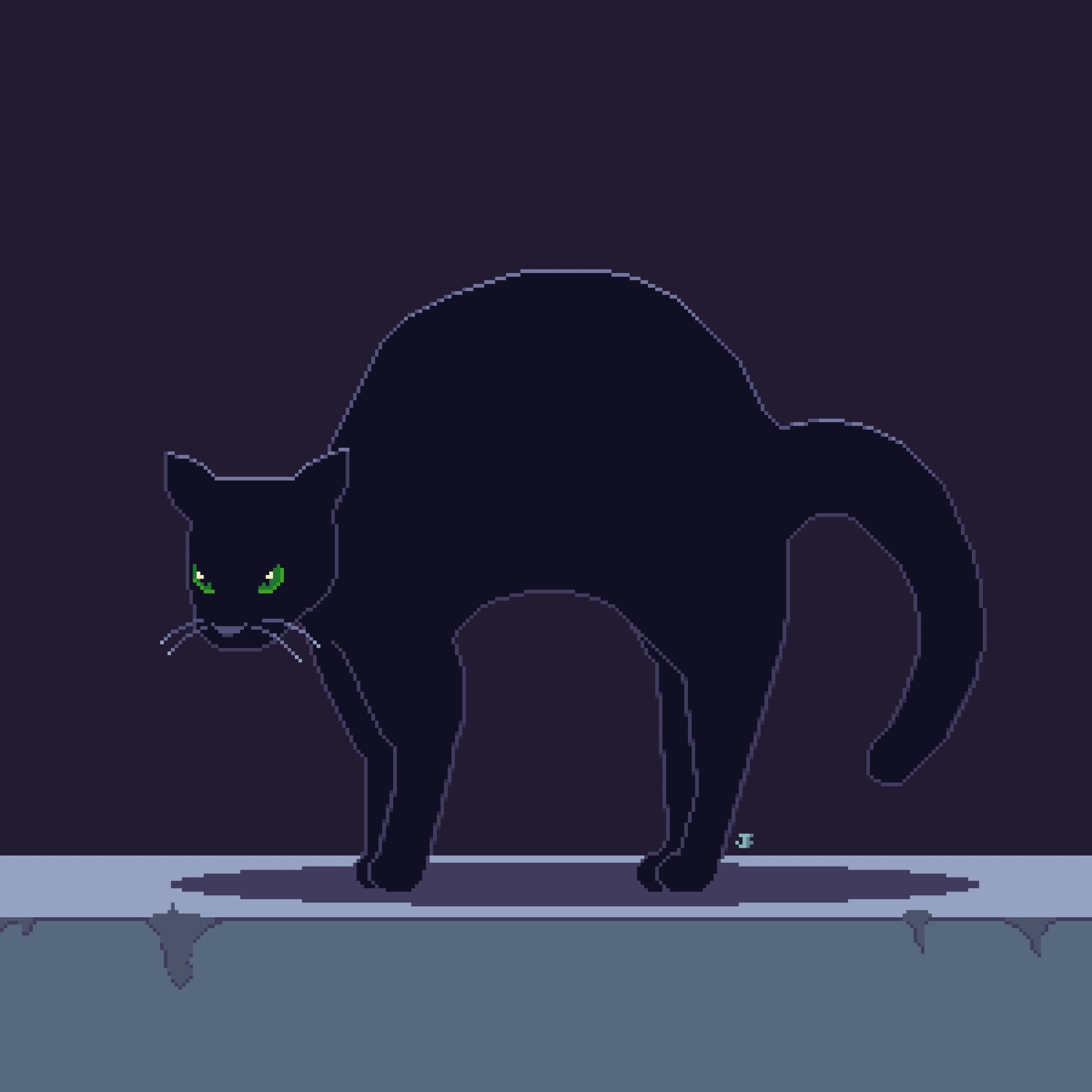 A black cat with green eyes. It's standing on a concrete wall. Its ears are pulled back and its back is arched as if it was startled by something