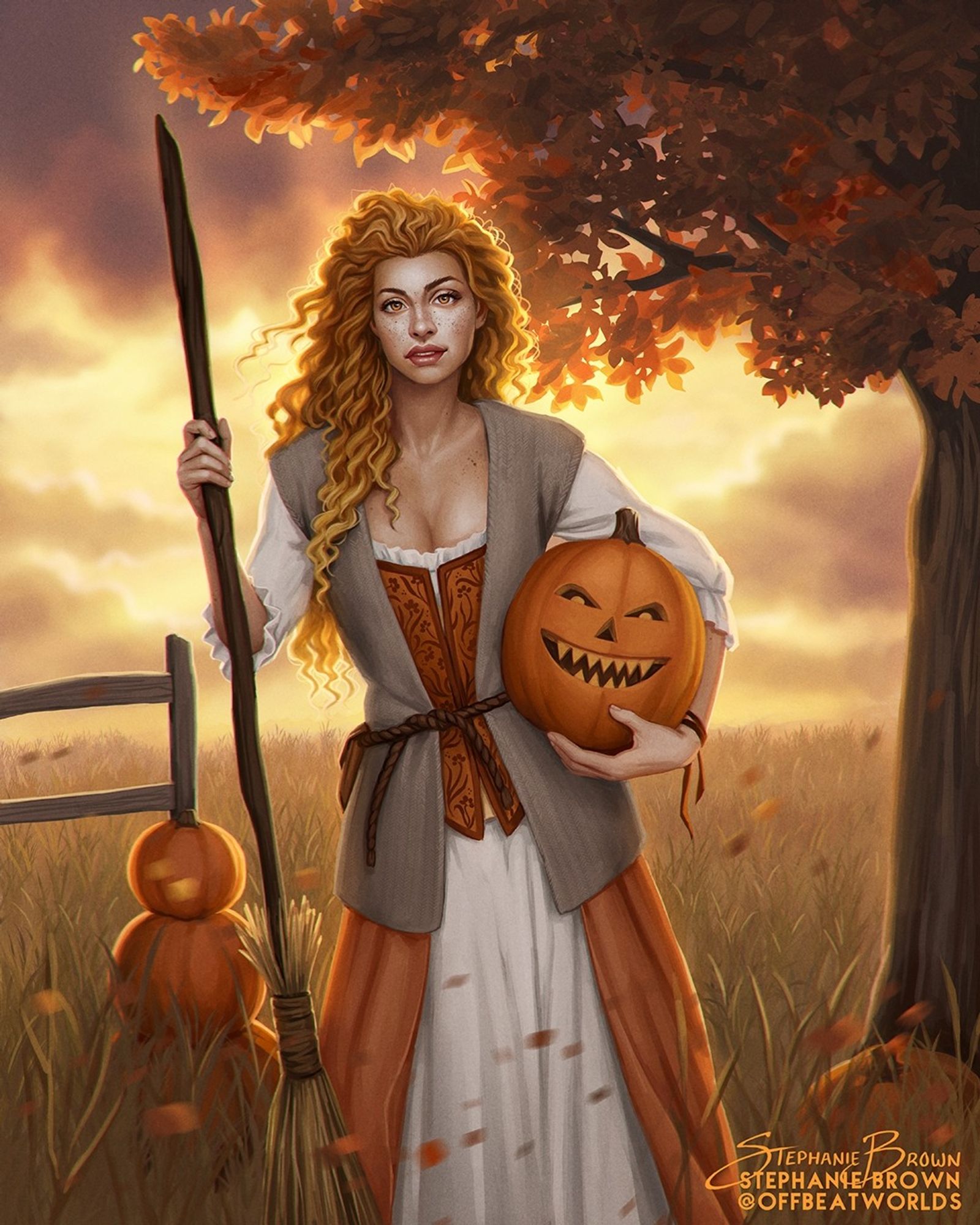 Digital artwork of a witch dressed in an orange and cream dress, holding a jack-o-lantern and a broom. More pumpkins are stacked behind her in a field of wheat, and a tree with orange leaves.