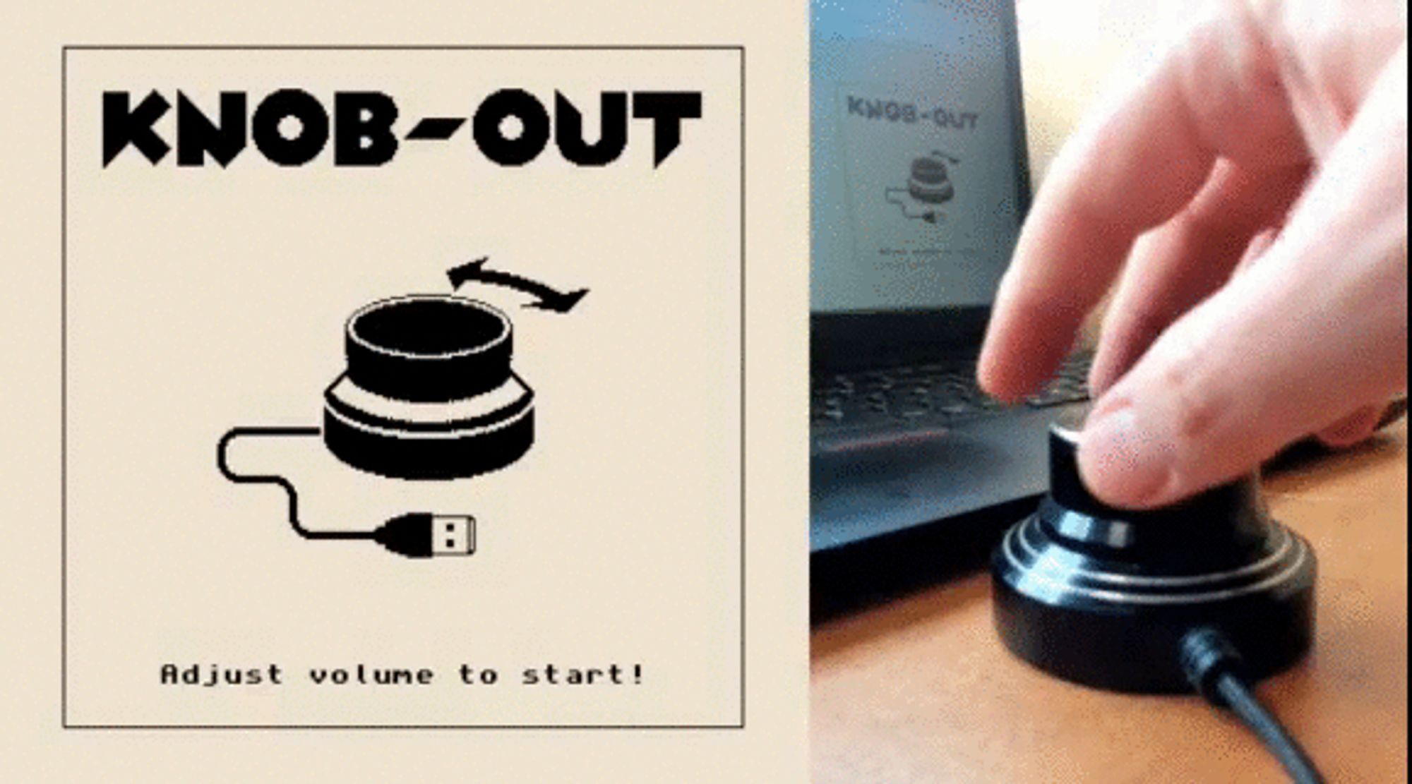 A screenshot of the title screen next to a photo of a hand on a volume control knob