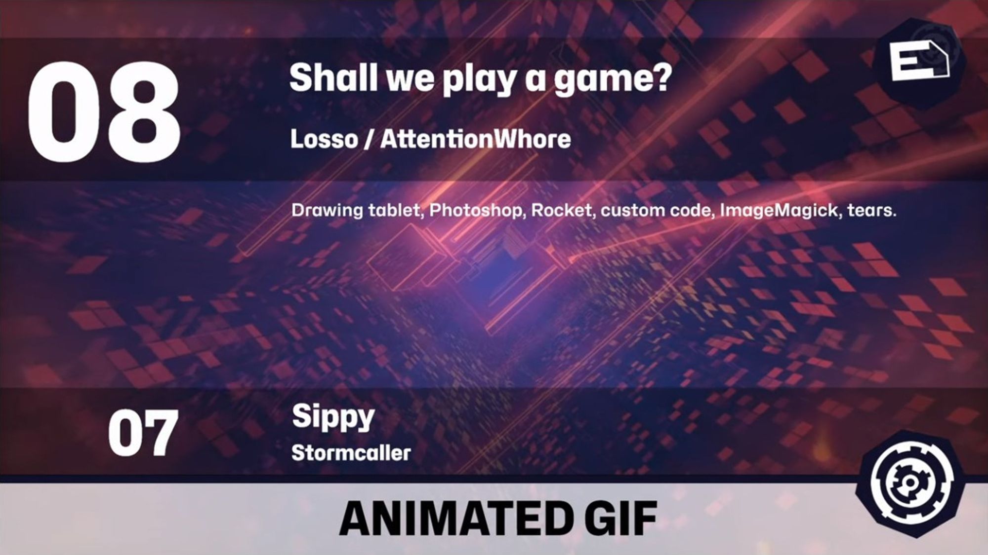 Text slide: Animated GIF, Shall we play a game? Losso / AttentionWhore. Fine print: Drawing tablet, Photoshop, Rocket, custom code, ImageMagick, tears