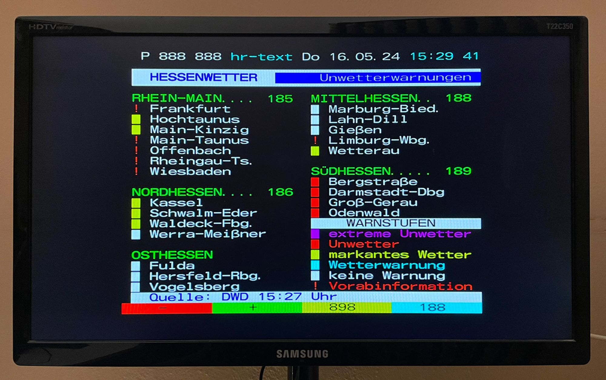 TV showing Teletext page 888 with regional weather warnings