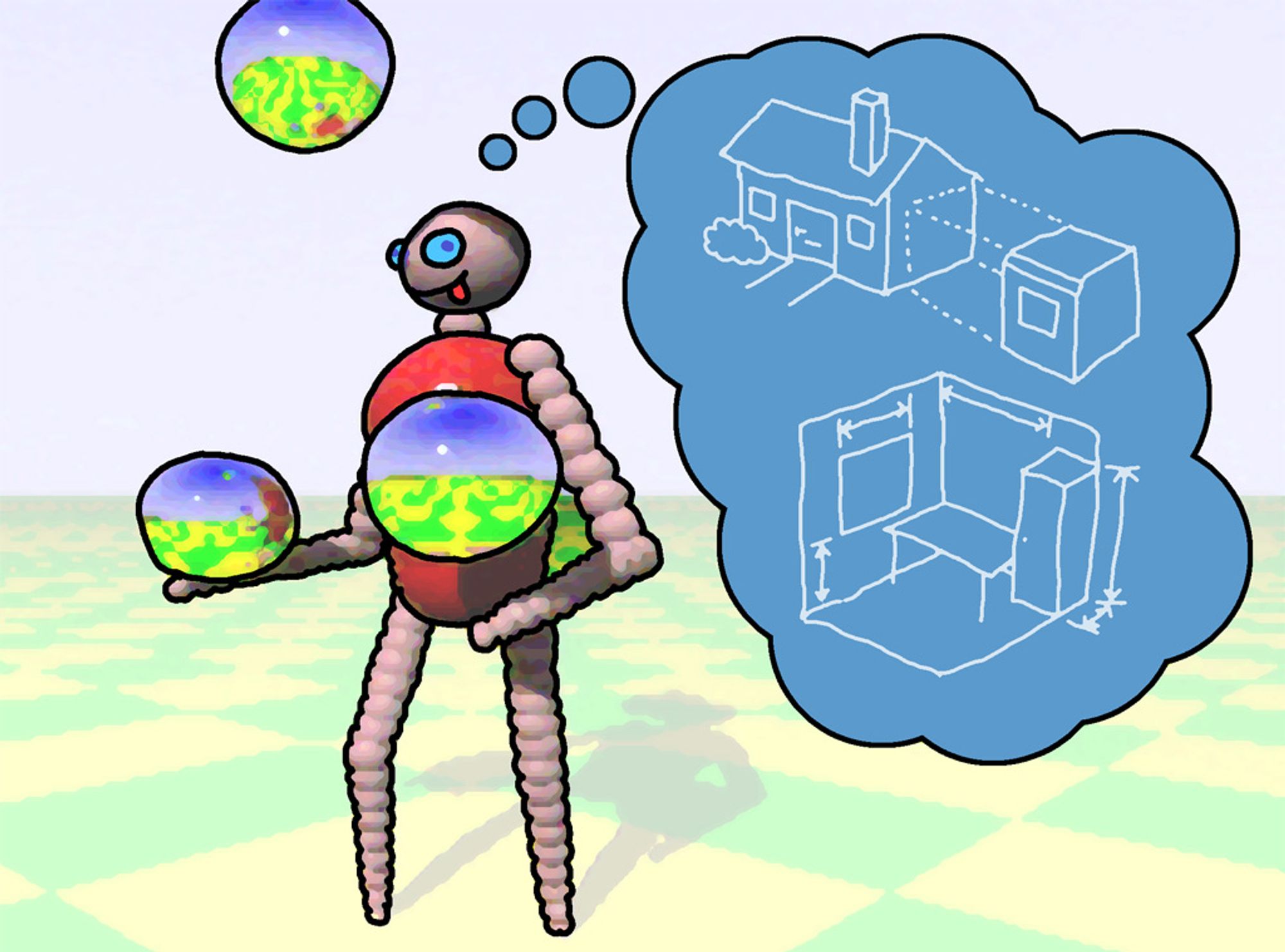 A cartoonish depiction of a raytraced juggler made of spheres, thinking of blueprints to design a room