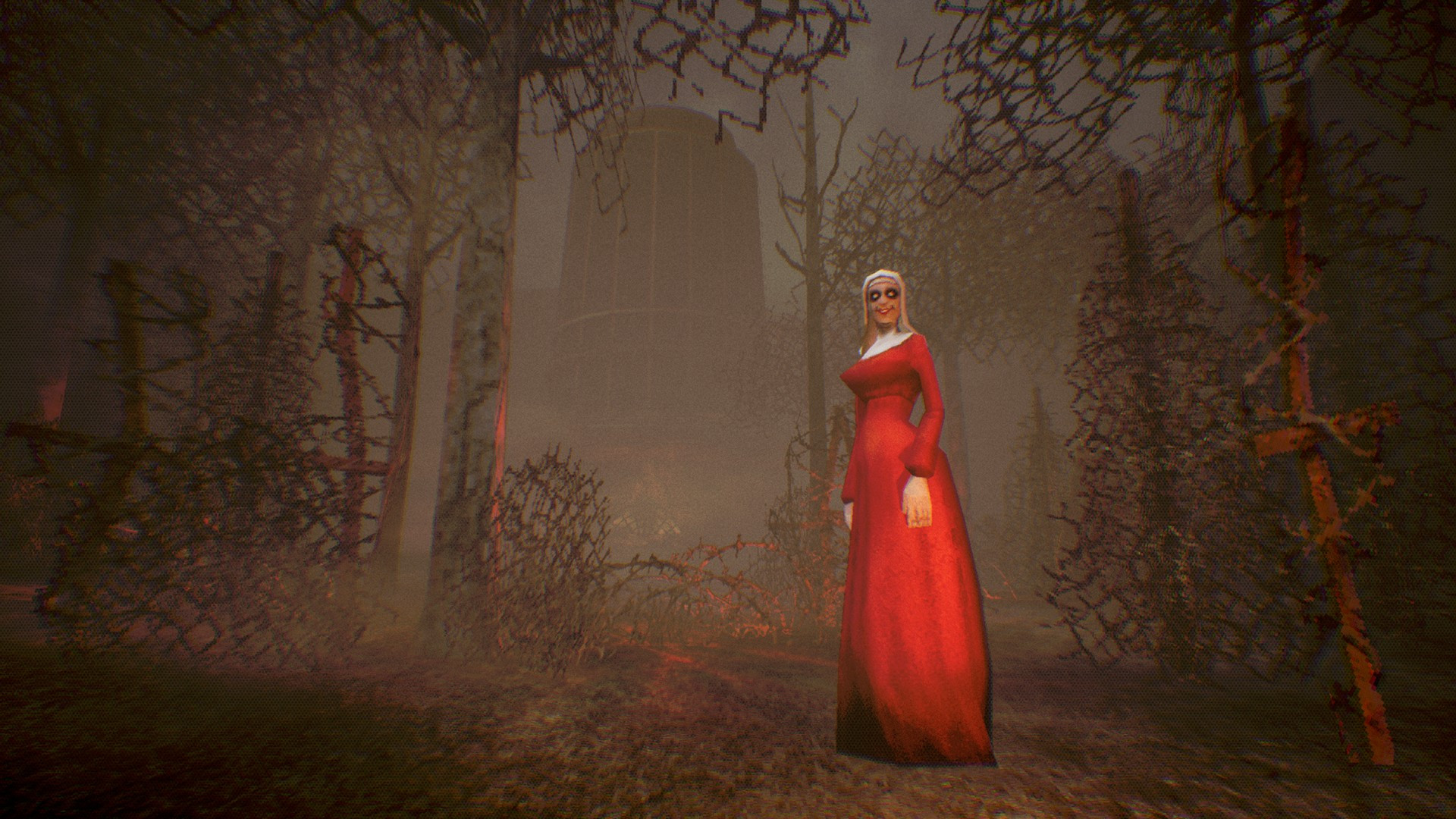 A spooky lady dressed in red in a rusty nightmarish forest.