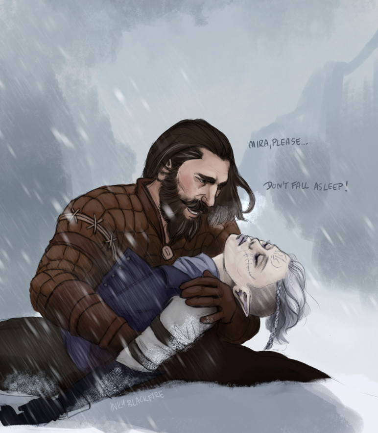 Mountain scenery, there's a heavy snowfall. Blackwall is holding the Lavellan inquisitor close to his chest, clearly shaken by her state. She's deadly pale and appears to be unconscious. He's yelling to her "Mira, please, don't fall asleep!". 