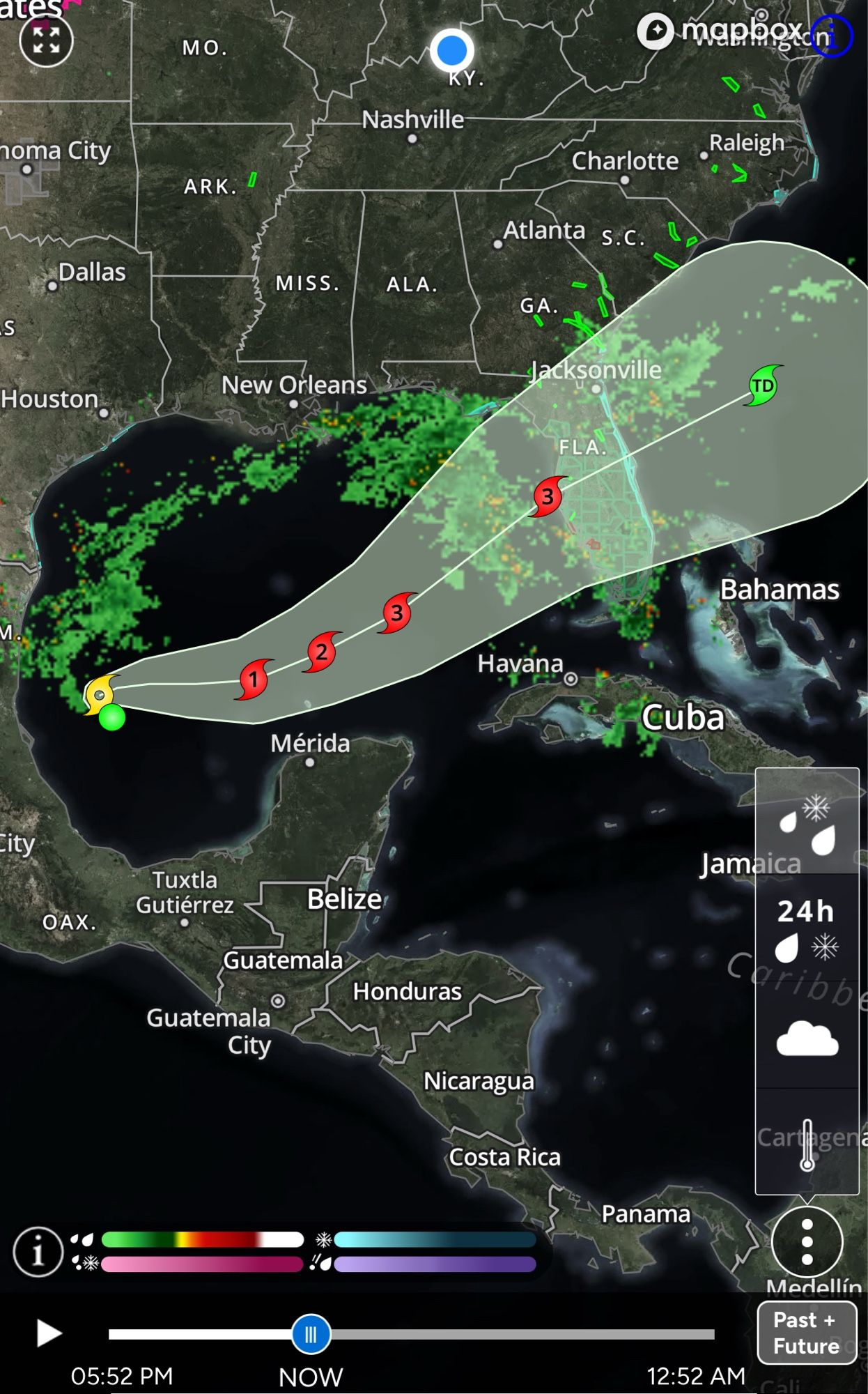 Tropical Storm Milton projected path (cone). Showing possible landfall as Category 3 hurricane in Western Florida.