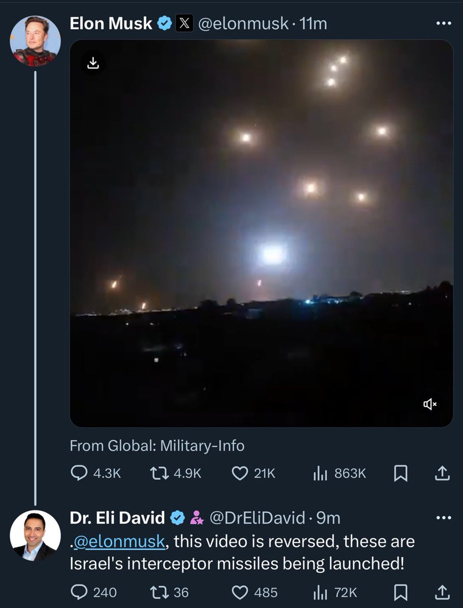 Musk-Video von Raketen, die Israel treffen, mit Korrektur, dass sie rückwärts abgespielte Abwehrraketen zeigen.