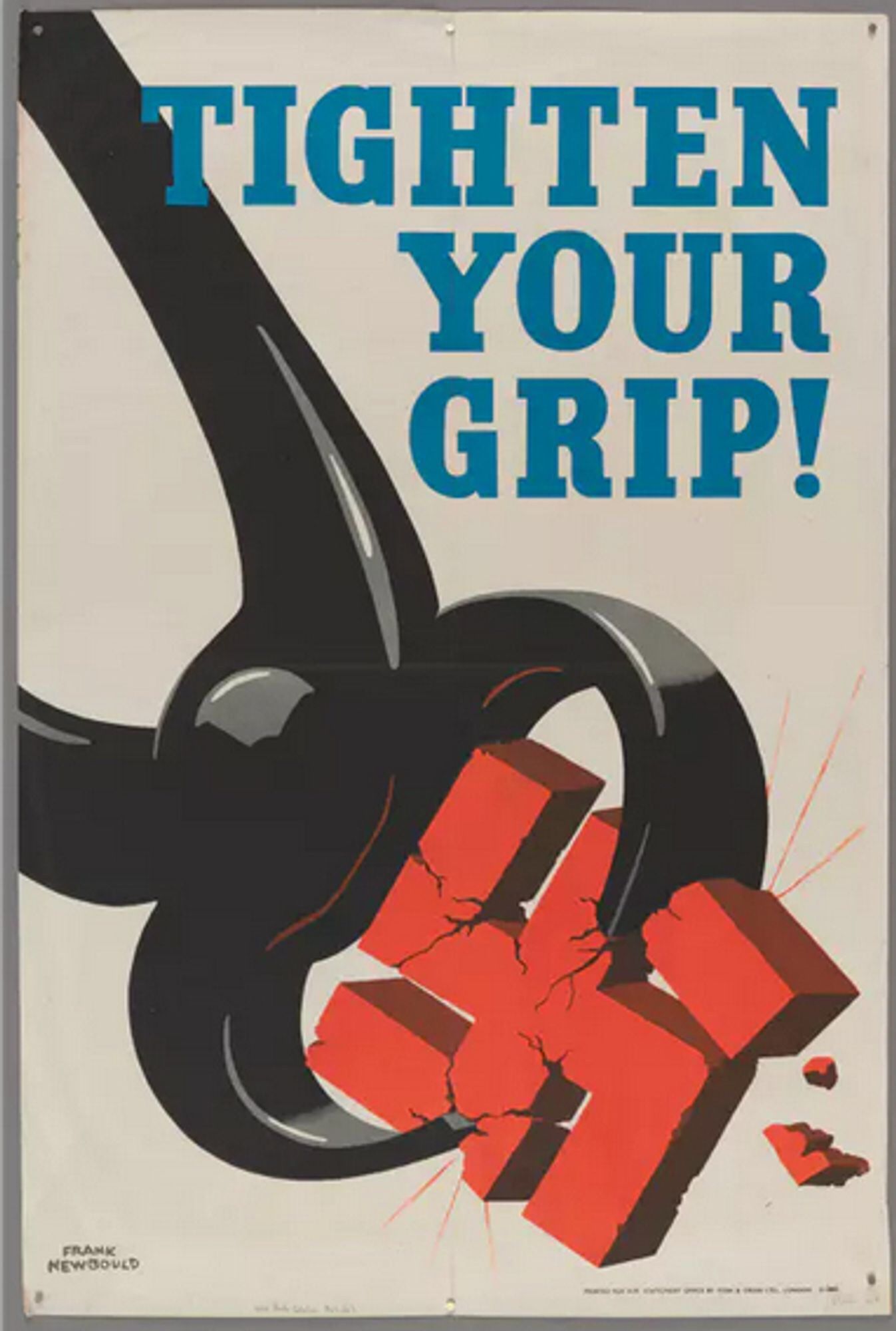 Swastika squeezed by a grip, caption "Tighten your grip!"